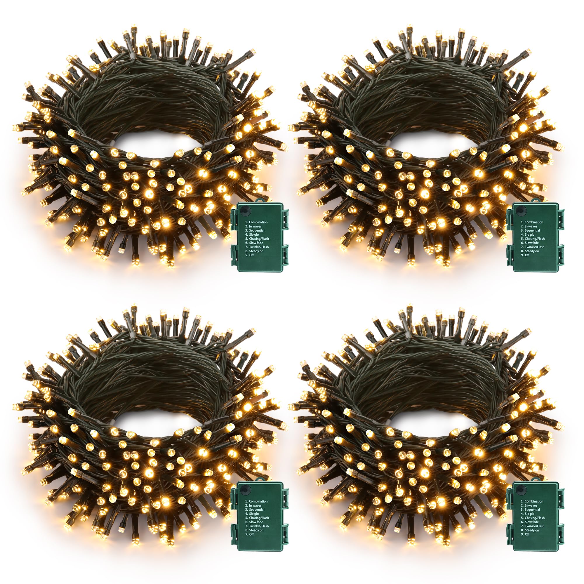 Lomotech Battery Operated Christmas Lights, 66ft, 200 LED, 8 Modes, Waterproof, Green Wire, Warm White, 4 Pack