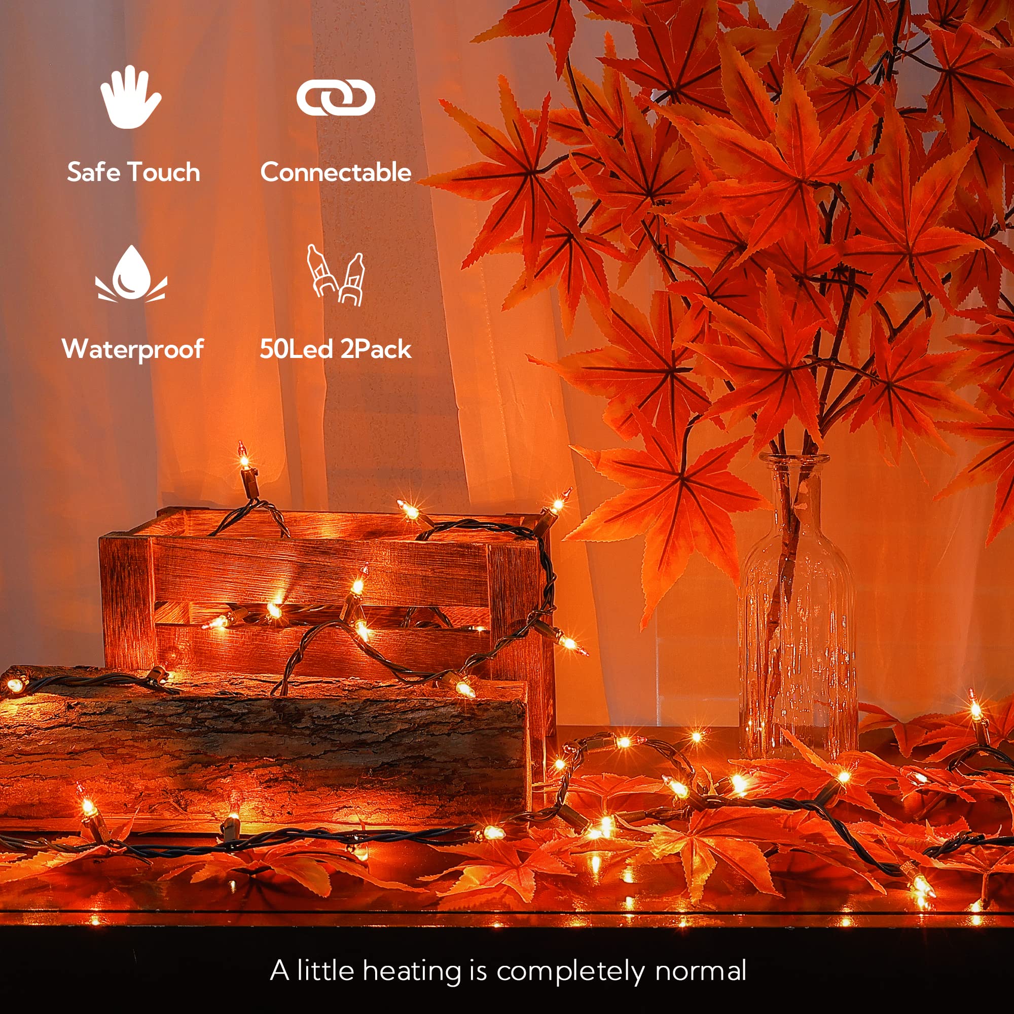 Hopolon Orange Mini String Lights, 2-Pack 50 Count, 13ft, Connectable, Plastic, Ideal for Thanksgiving, Halloween, Christmas Decor