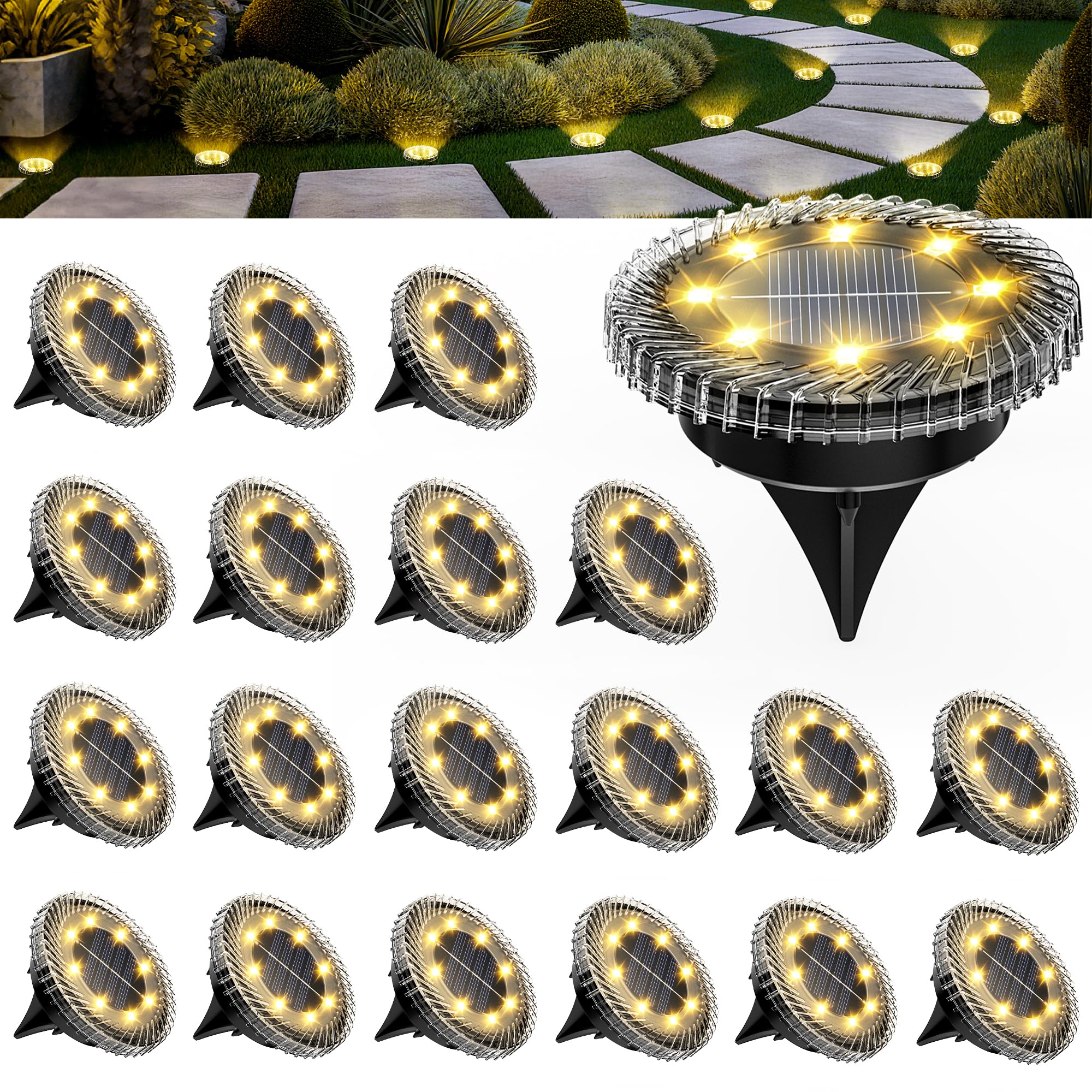 PATIOWIN 20 Pack Small Solar Ground Lights, Pathway Lights Waterproof, Outdoor Solar Light for Garden, Driveway, Walkway, Backya