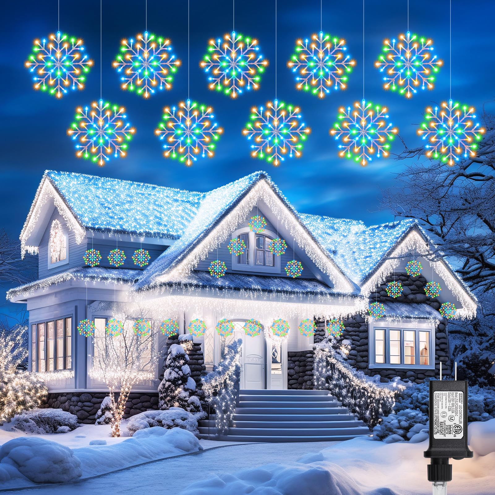 Christmas Snowflake Icicle Lights Outdoor - Plug-in 23.6ft 10 Drops 480LED Snowflake Window Lights, Connectable for Indoor Outdo