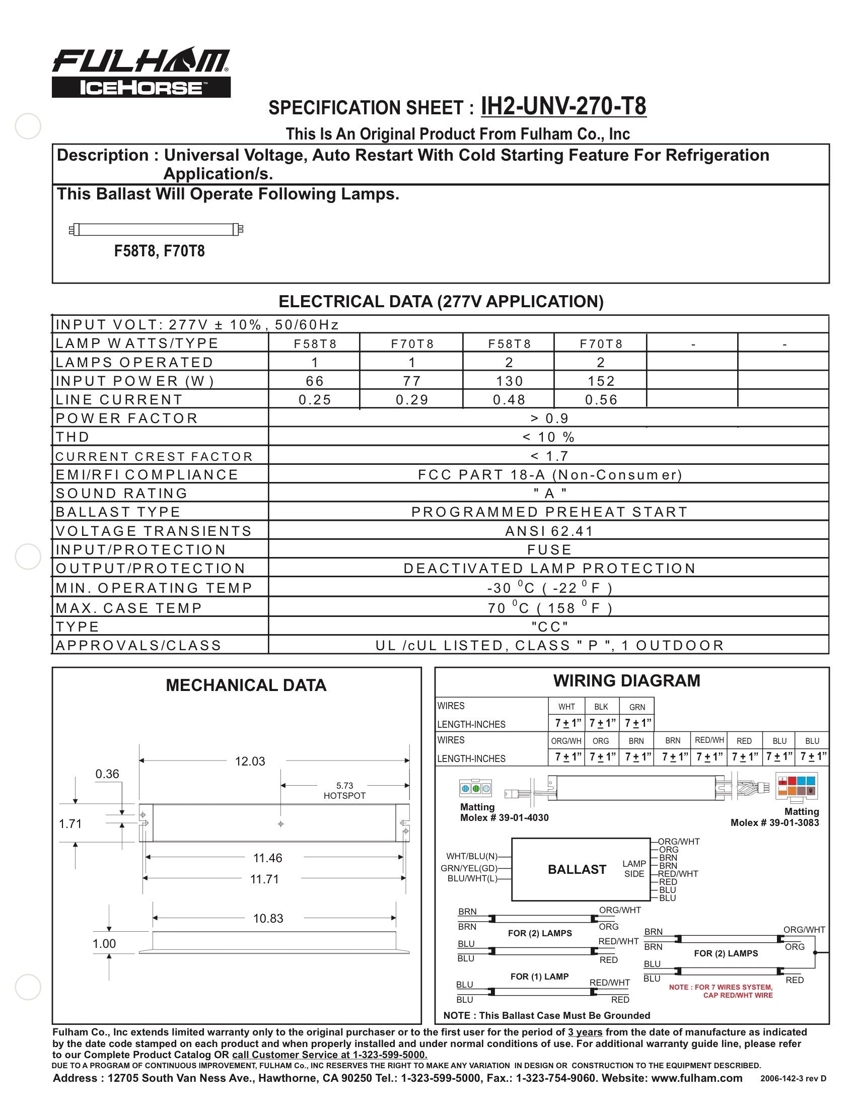 Fulham Lighting Ih2-Unv-270-T8 Icehorse 2 Low Temp Ballast - 120V