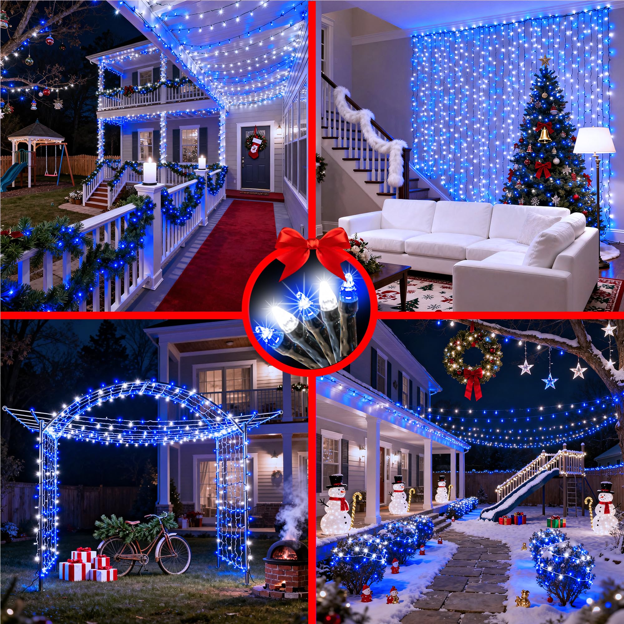 340 Led 90Ft Christmas String Lights Outdoor  12 Pro Modes And Timer Memory & Brightness  Plug In Outdoor Waterproof Clear Wire Twinkle Light For For Xmas Yard Tree Wedding Party Decor (Blue & White)