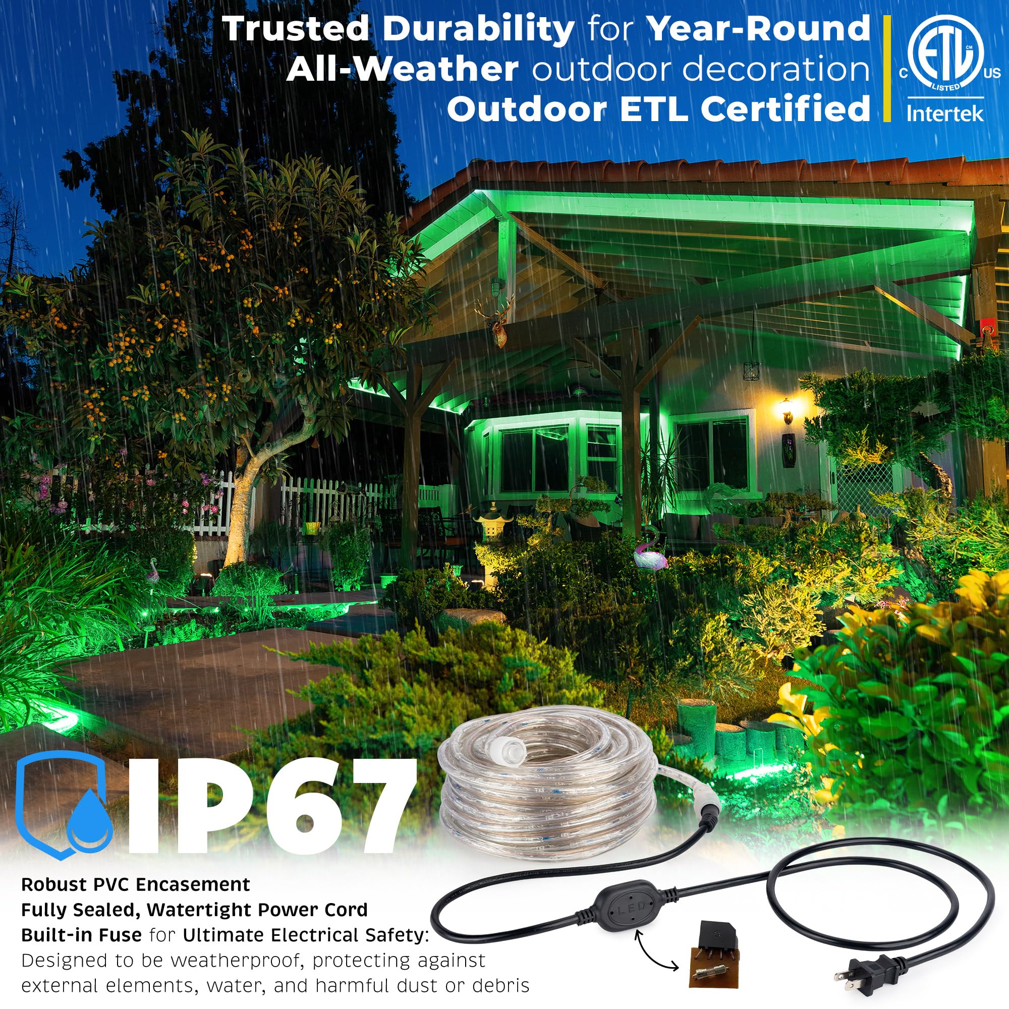 Wyzworks 1656Leds, 150Ft Led 1/2” Green Rope Light, Connectable Outdoor Permanent Waterproof Accent Exterior Lighting, Flexible Clear Pvc, Etl Certified, Holiday, Backyard Patio, Home, Decor