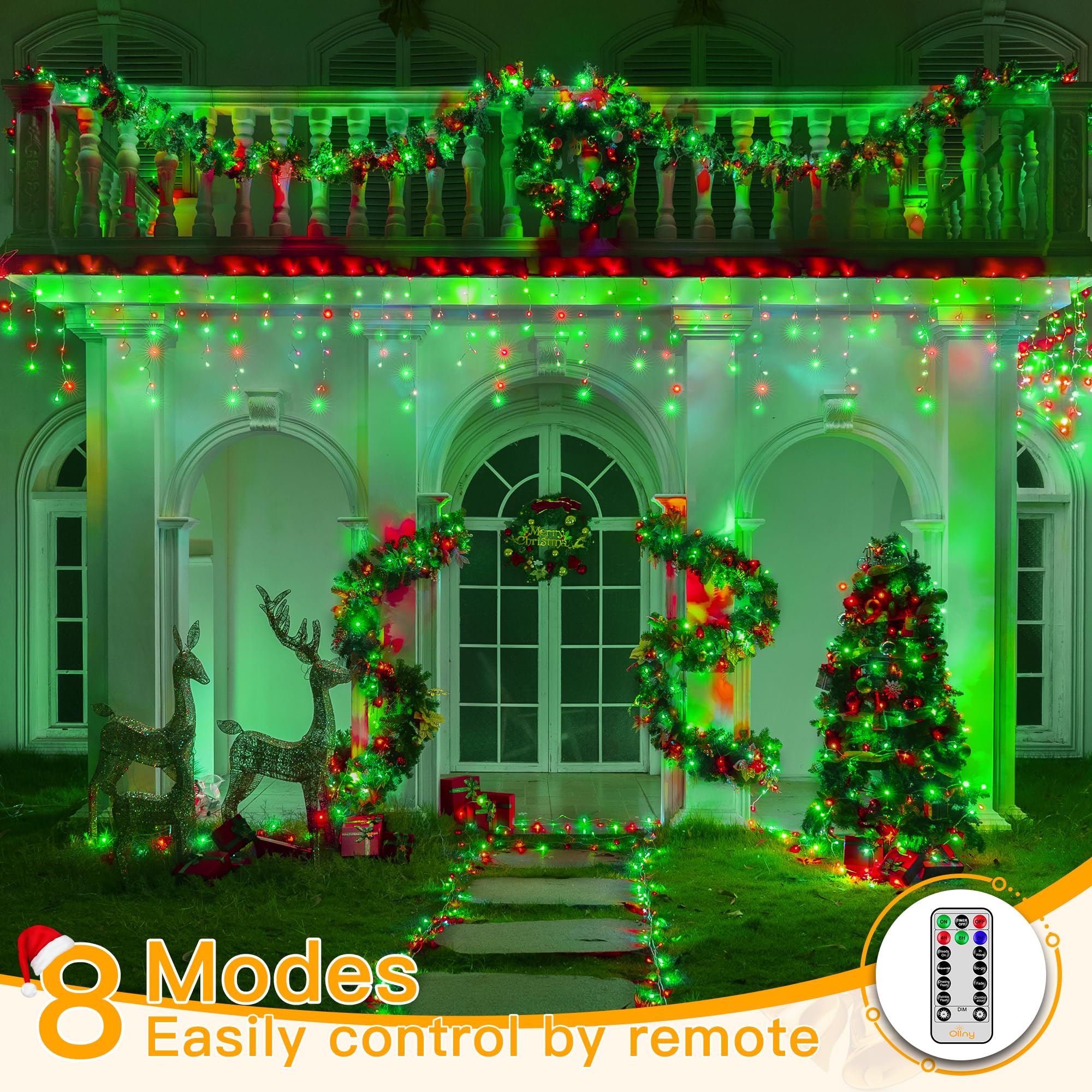 Ollny Icicle Lights For Outside 396Led 32Ft, Red And Green Christmas Light With Remote 8Modes Timers Waterproof, Plug In Connect