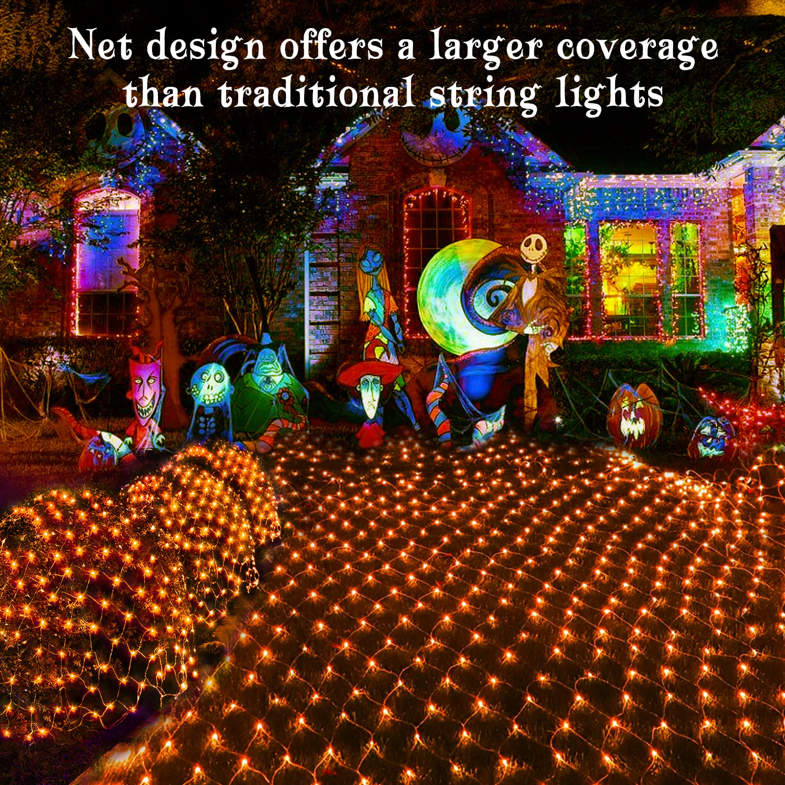 BlcTec Halloween Net Lights, 200 LED, 8.2ft x 4.9ft, Waterproof, Orange, Connectable, Energy-Saving, Green Wire Design