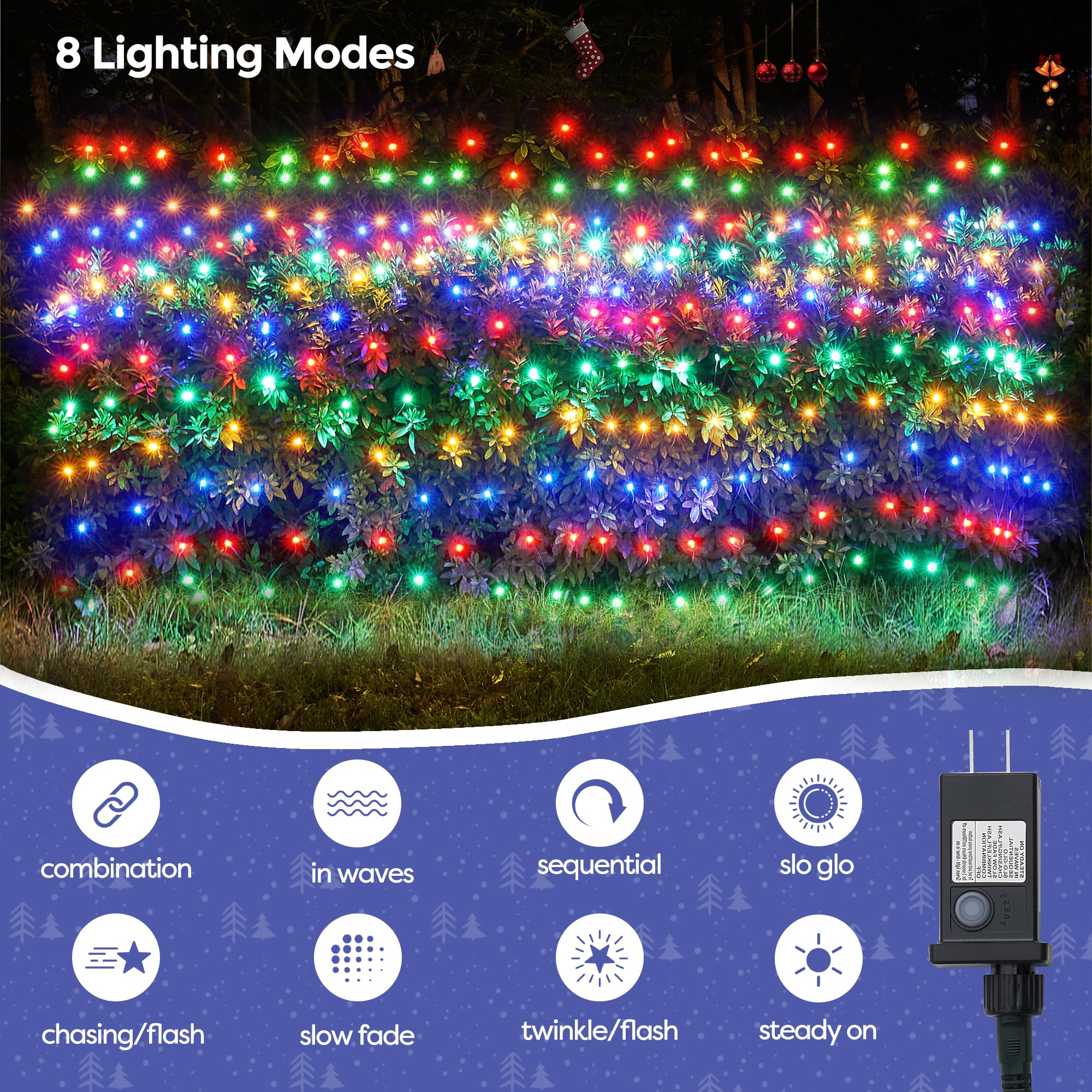 Wbao Christmas Net Lights, 200Led 8.4Ft X 5.2Ft Christmas Lights With 8 Modes, Timer, End To End Connectable, Waterproof Led Net