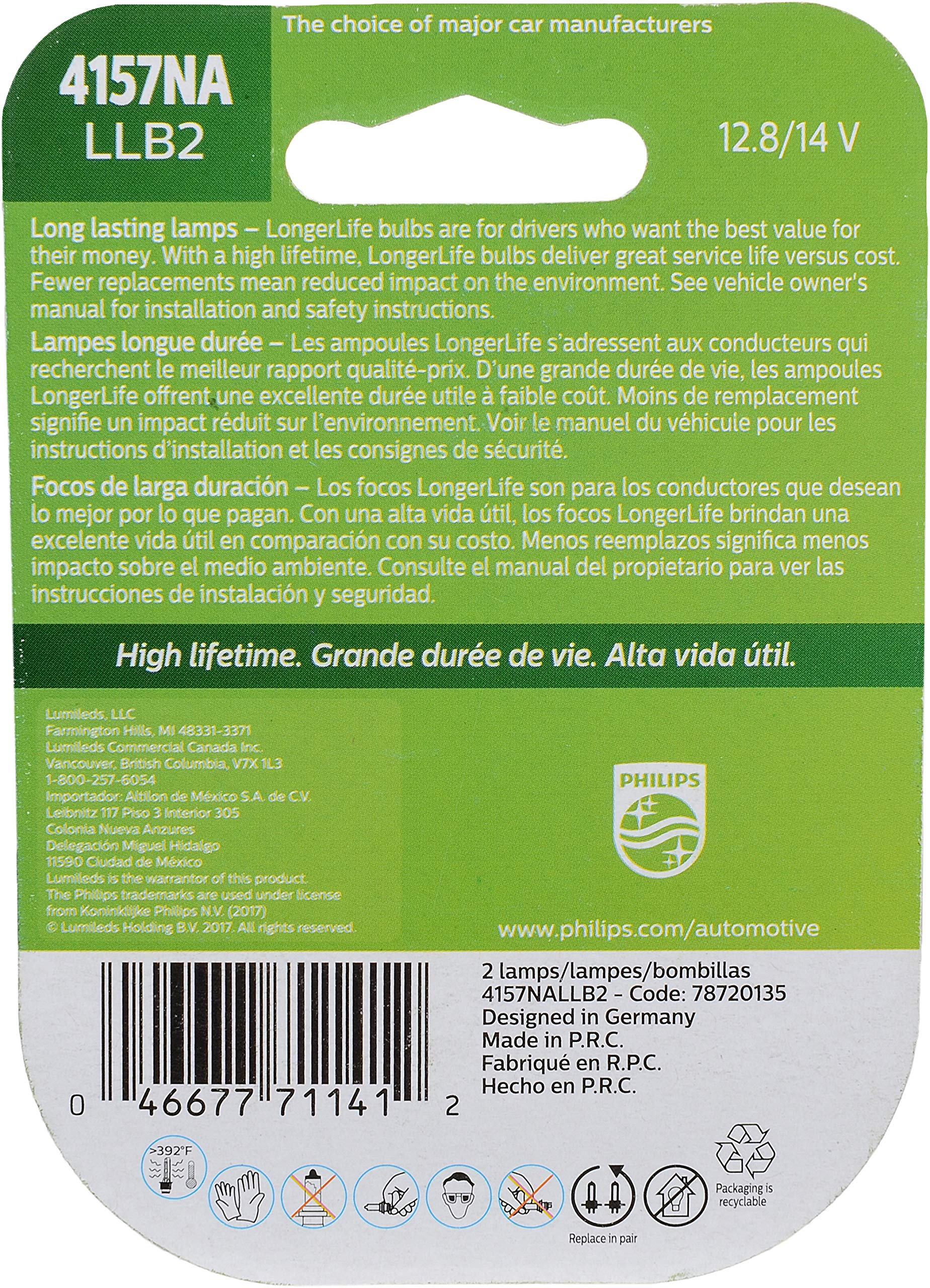 Philips 4157NA Miniature Bulb, LongerLife, 2 Pack, Red, Model 4157NALLB2