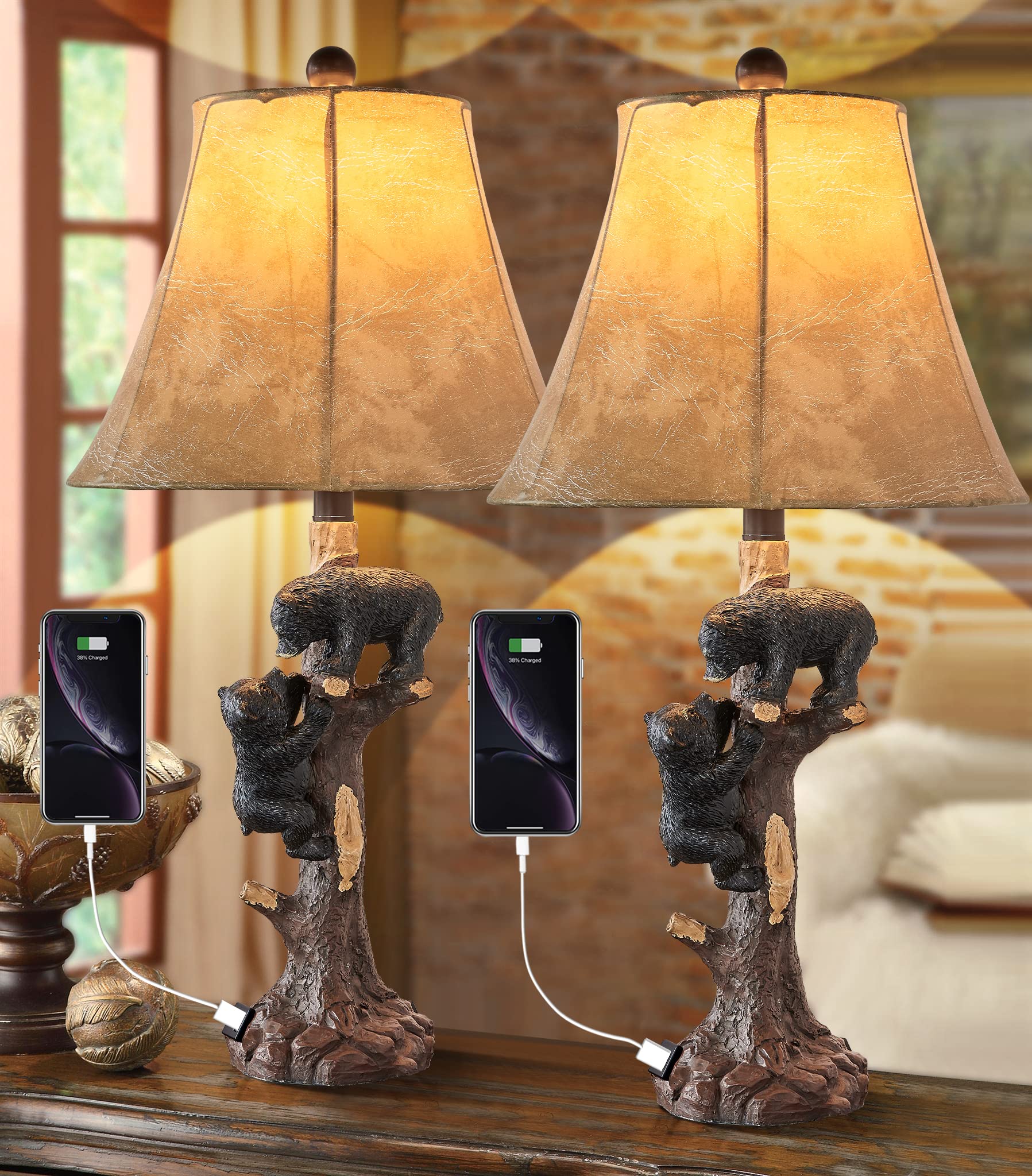 Lokhom Climbing Bears Rustic Western Table Lamp Set Of 2, 26&quot; Rustic Bedside Lamp With Usb & Typec Charging Port, Natural Bears Table Lamp For Bedroom Living Room Foyer Office Valentine'S Day Gift