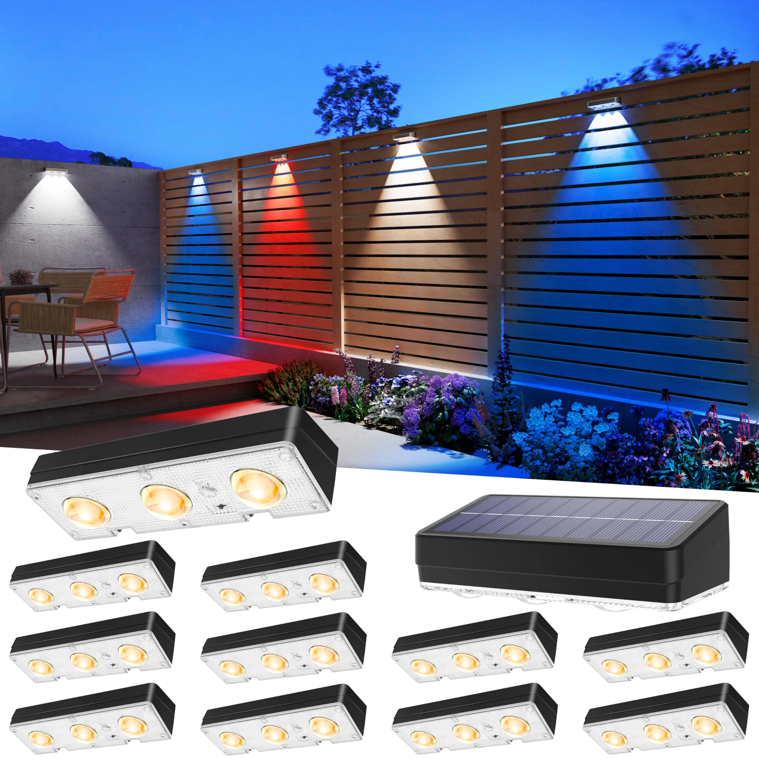 JOFIOS Solar Fence Lights Outdoor Waterproof Led  12Pack 1300mAh 6 Inch Solar Lights for Fence with Warm White & RGB 8 Colors Outdoor Solar Lights for Patio  Backyard  Deck  Fence  Railing (Black)