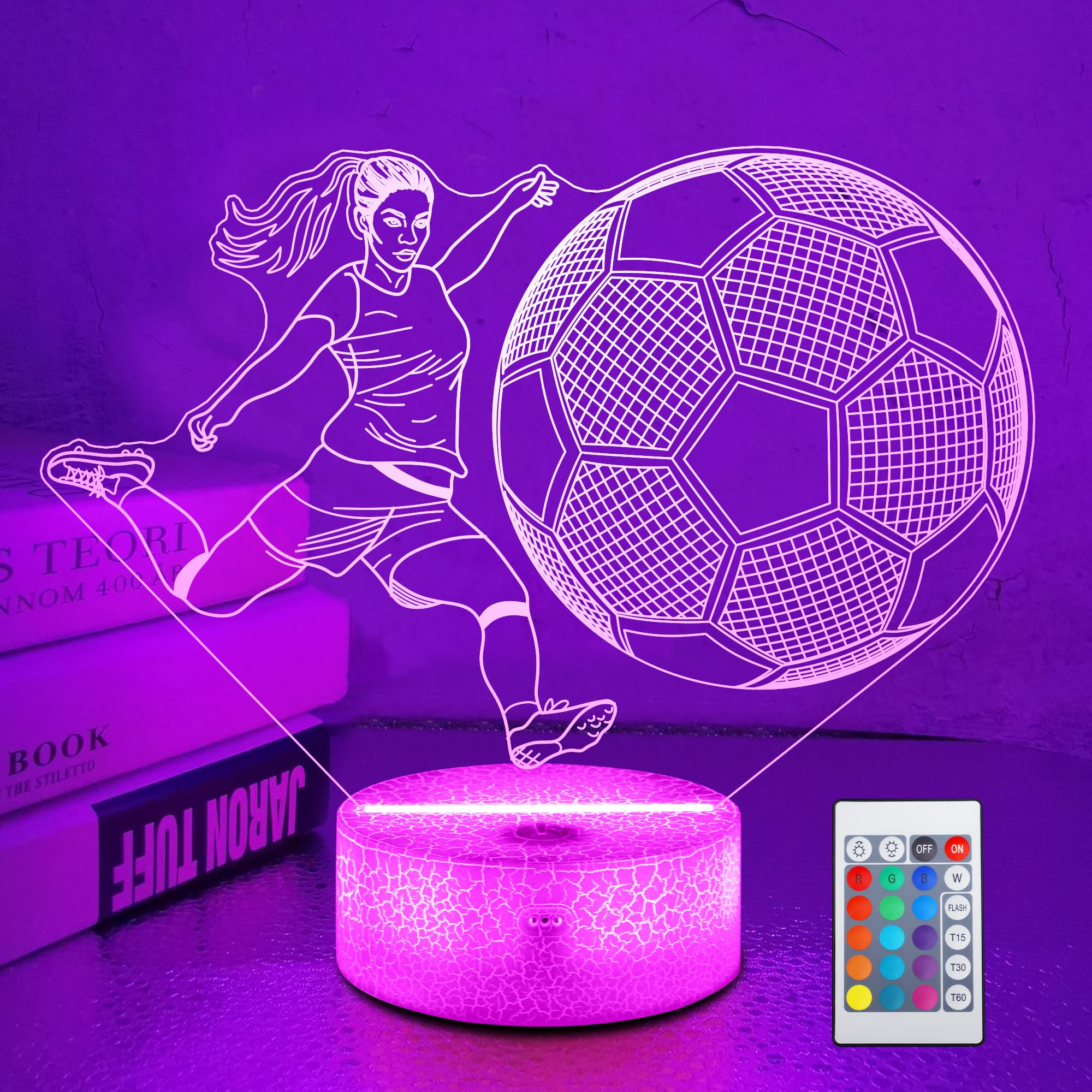 Soccer Gifts For Girls Bedroom Decor Light Up Soccer 3D Illusion Lamp Night Light With 16 Colors Remote Football Accessories Birthday Xmas Gifts For Best Friends Sister Daughter Sports Fan Lover