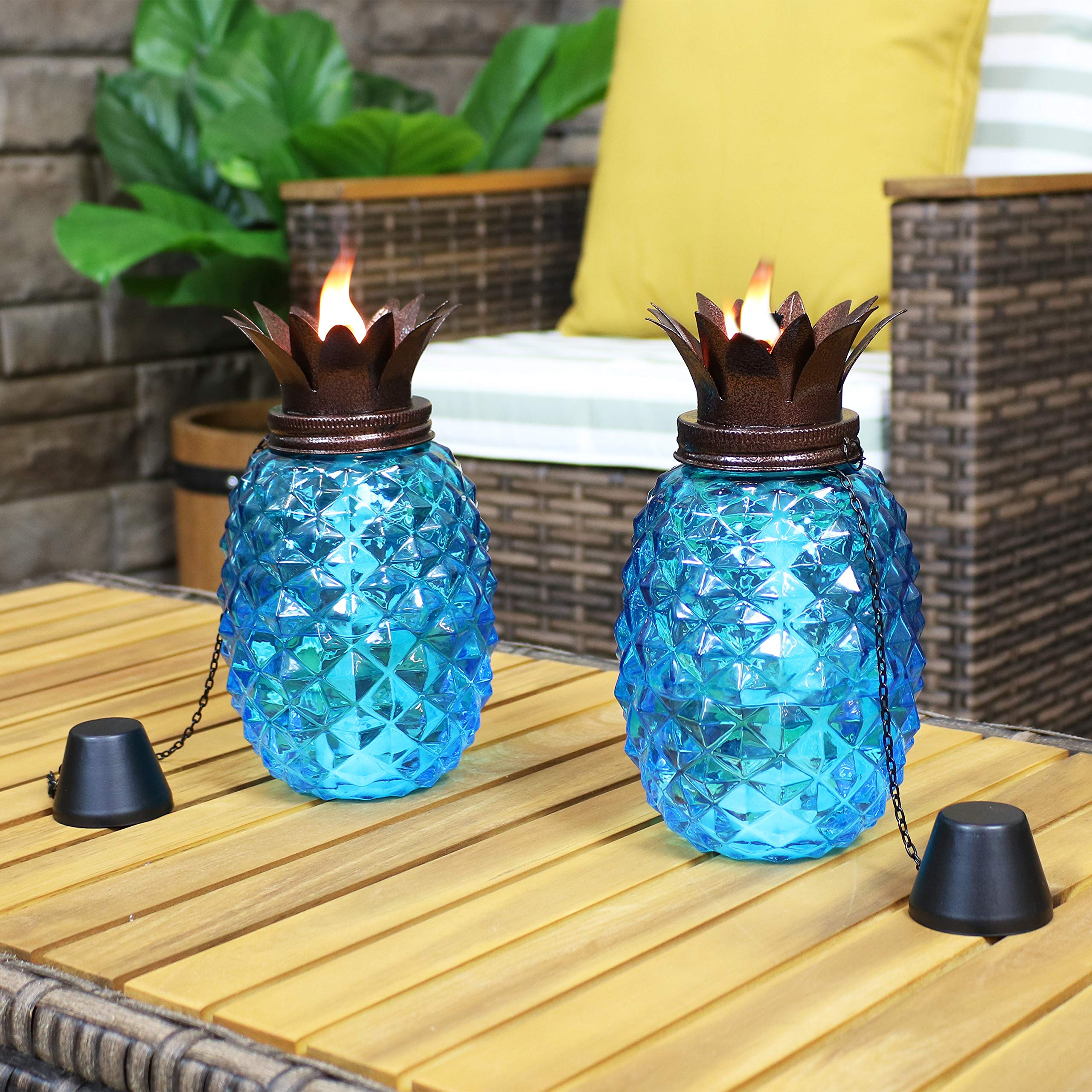 Sunnydaze Tropical Pineapple Glass Patio Torches Set of 2, 23-63 Inch Adjustable Height, Blue, Steel, Model WKO-723