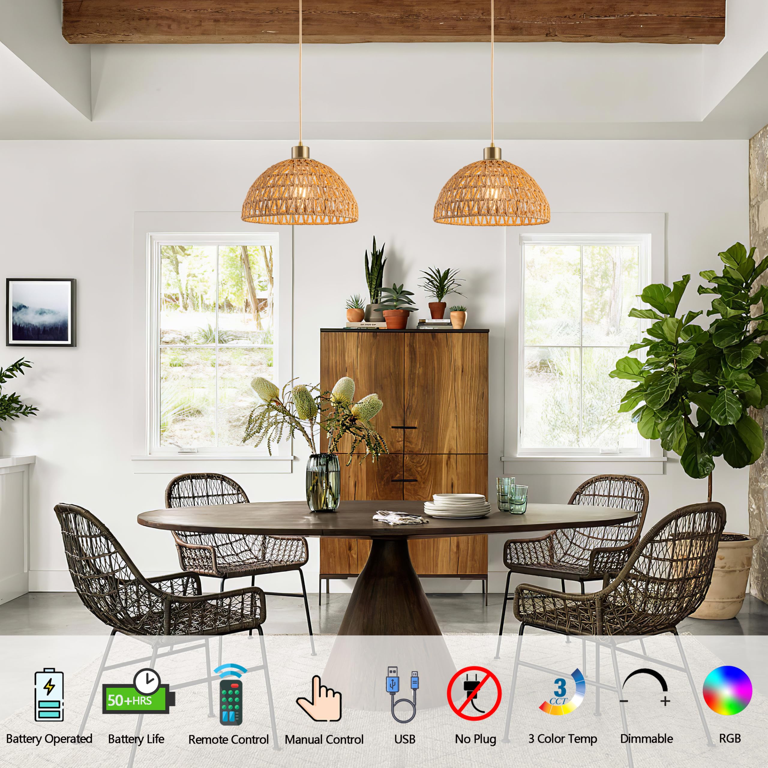 Nekhung Battery Operated Pendant Light With Remote-Battery Chandelier Handwoven Rattan, Battery Hanging Light 50+Hours Long Life