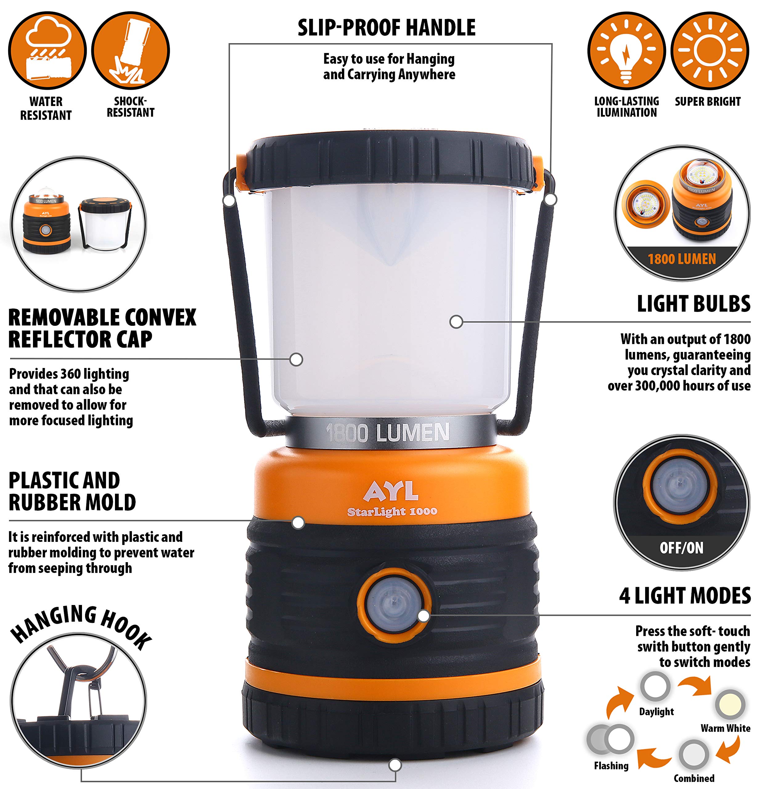 AYL LED Camping Lantern - 1800LM, Battery Powered, 4 Light Modes, Orange, Model SL10002Pack, Perfect for Emergencies & Outdoor Activities