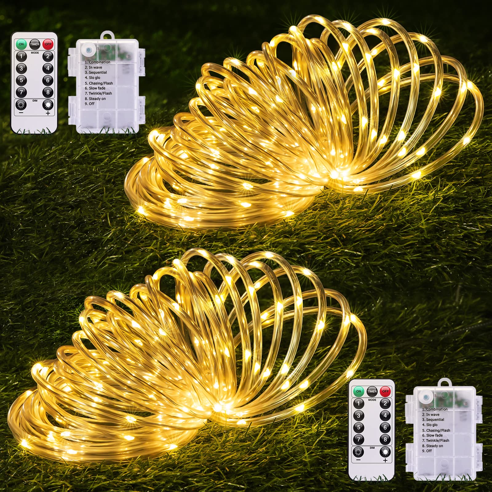 JMEXSUSS Battery Operated Rope Lights, 200LED 66ft, Warm White, Waterproof, 2 Pack, Model Rope100B
