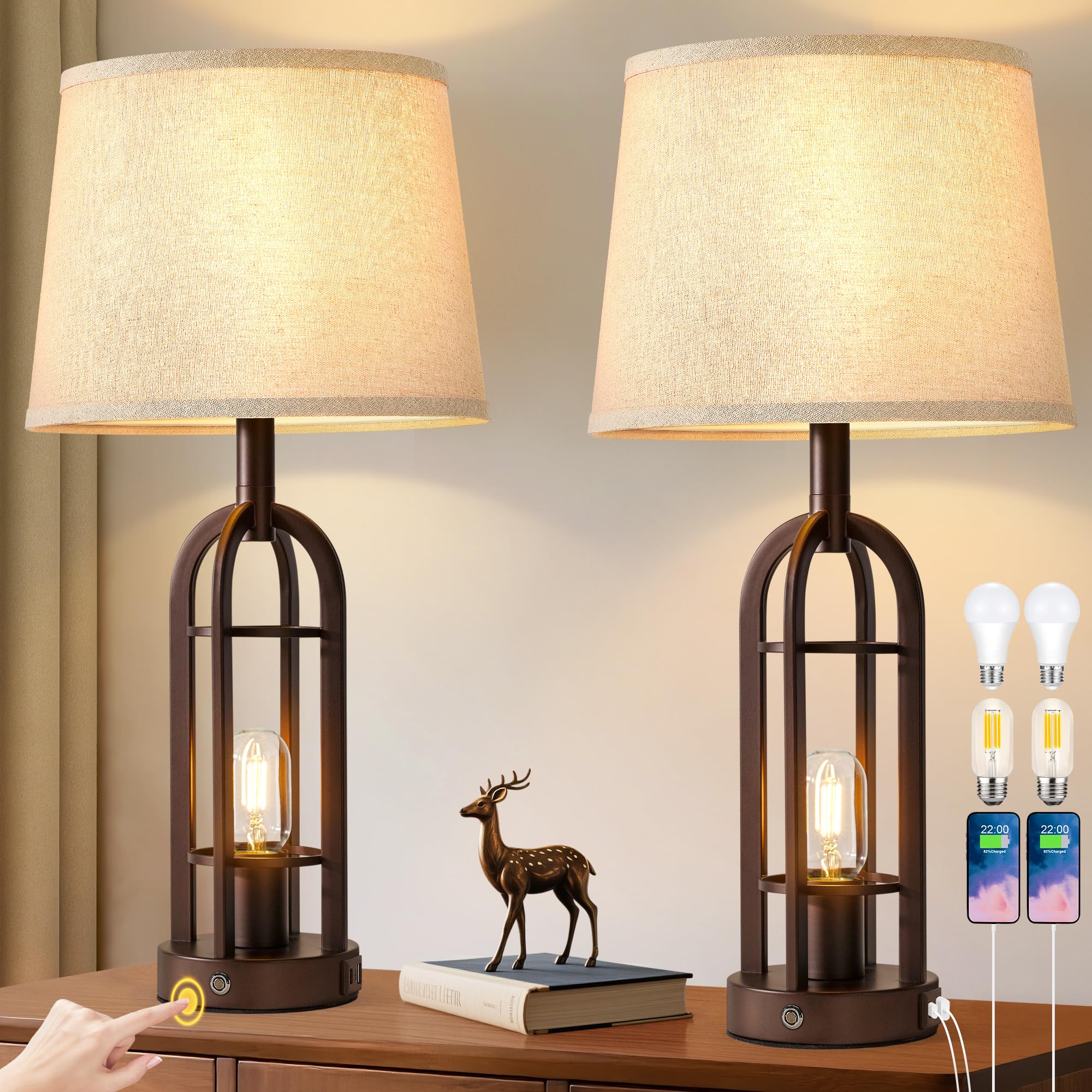 SRJJA 24 Table Lamps for Living Room Set of 2  Rustic Farmhouse 3-Way Dimmable Touch Industrial Bedside Lamps with USB A+C for Bedroom Nightstand 4 Bulbs Included
