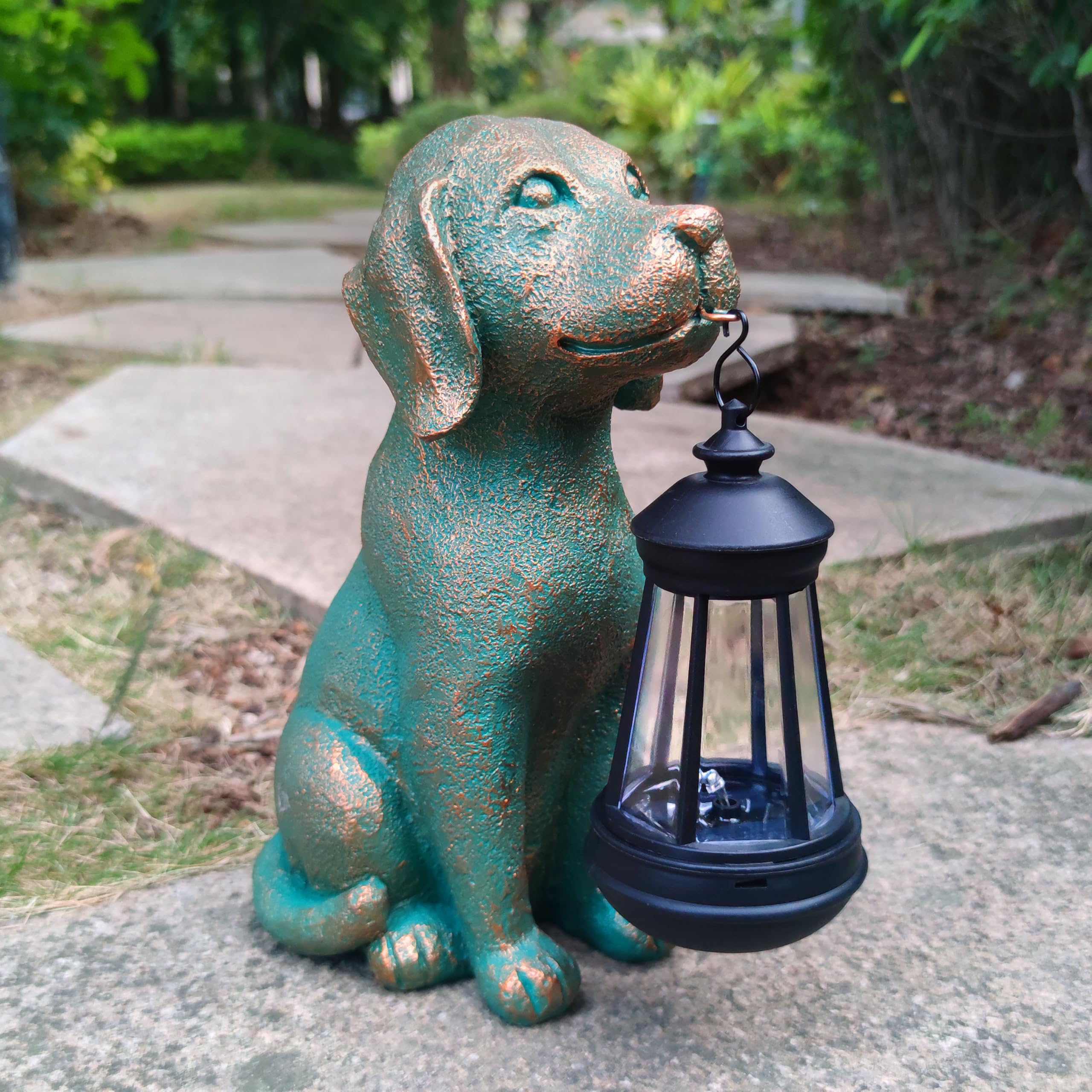 JOYBEE Dog Garden Statues with Solar Lantern - Bronze Outdoor Decor, Model jy0110 for Patio & Lawn Ornaments