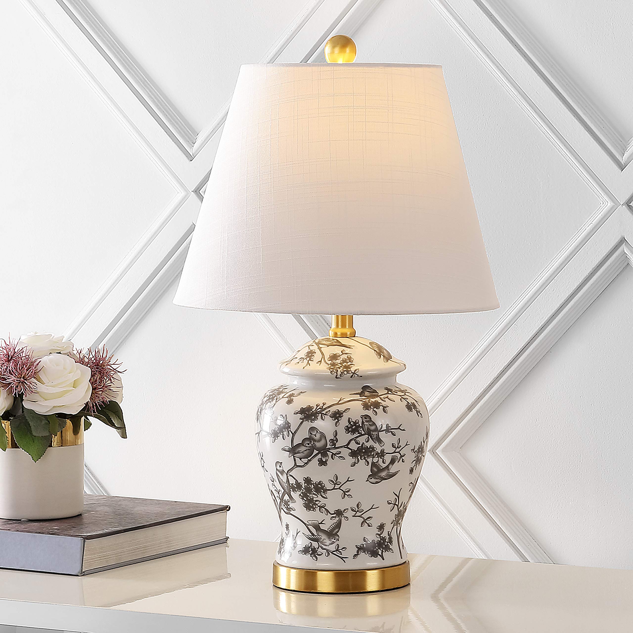 JONATHAN Y 22in Chinoiserie LED Table Lamp, Ceramic, Gray/White, Model JYL3005C, Bedside Desk Nightstand for Bedroom, Living Room, Office
