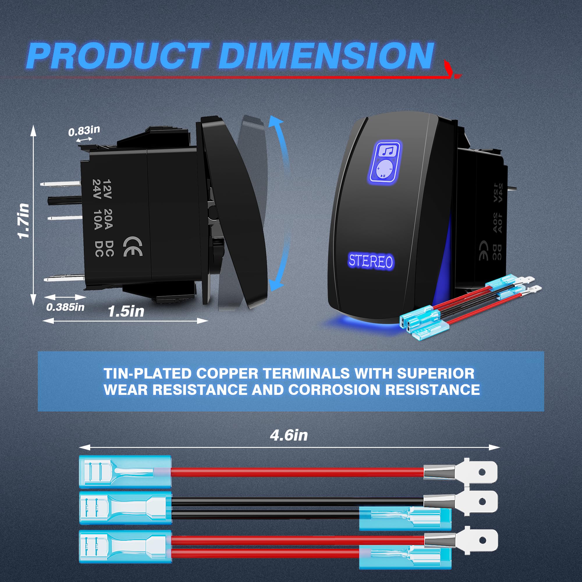 Mictuning Ls083601Jl Laser Stereo Rocker Switch Kit, On/Off Led Light, 20A 12V, Blue