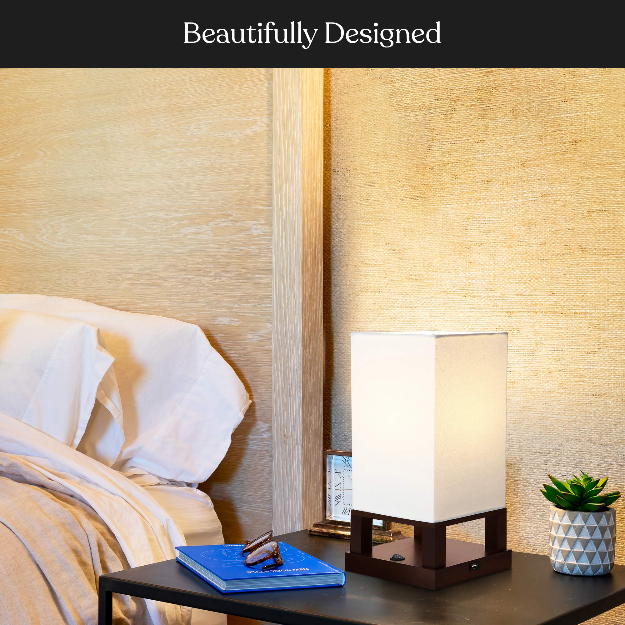 Brightech Maxwell Bedside Lamp With Usb Port - Compact Table Lamp For Bedroom, Living Room - Modern Asian Nightstand Lamp With W