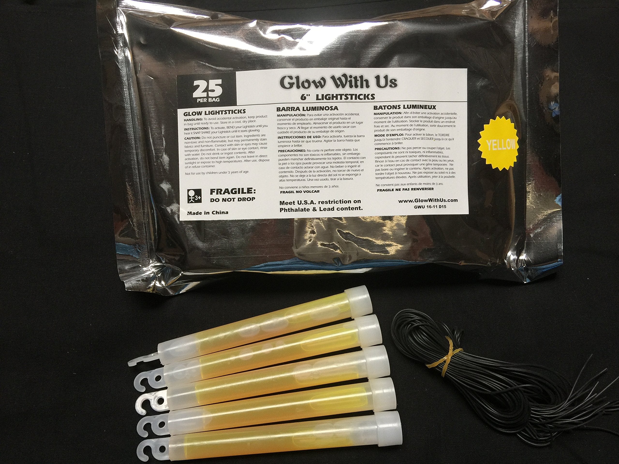 Glow Sticks Bulk Wholesale, 25 6” Industrial Grade Yellow Light Sticks. Bright Color, Glow 12-14 Hrs, Safety Glow Stick With 3-Year Shelf Life, Glowwithus Brand