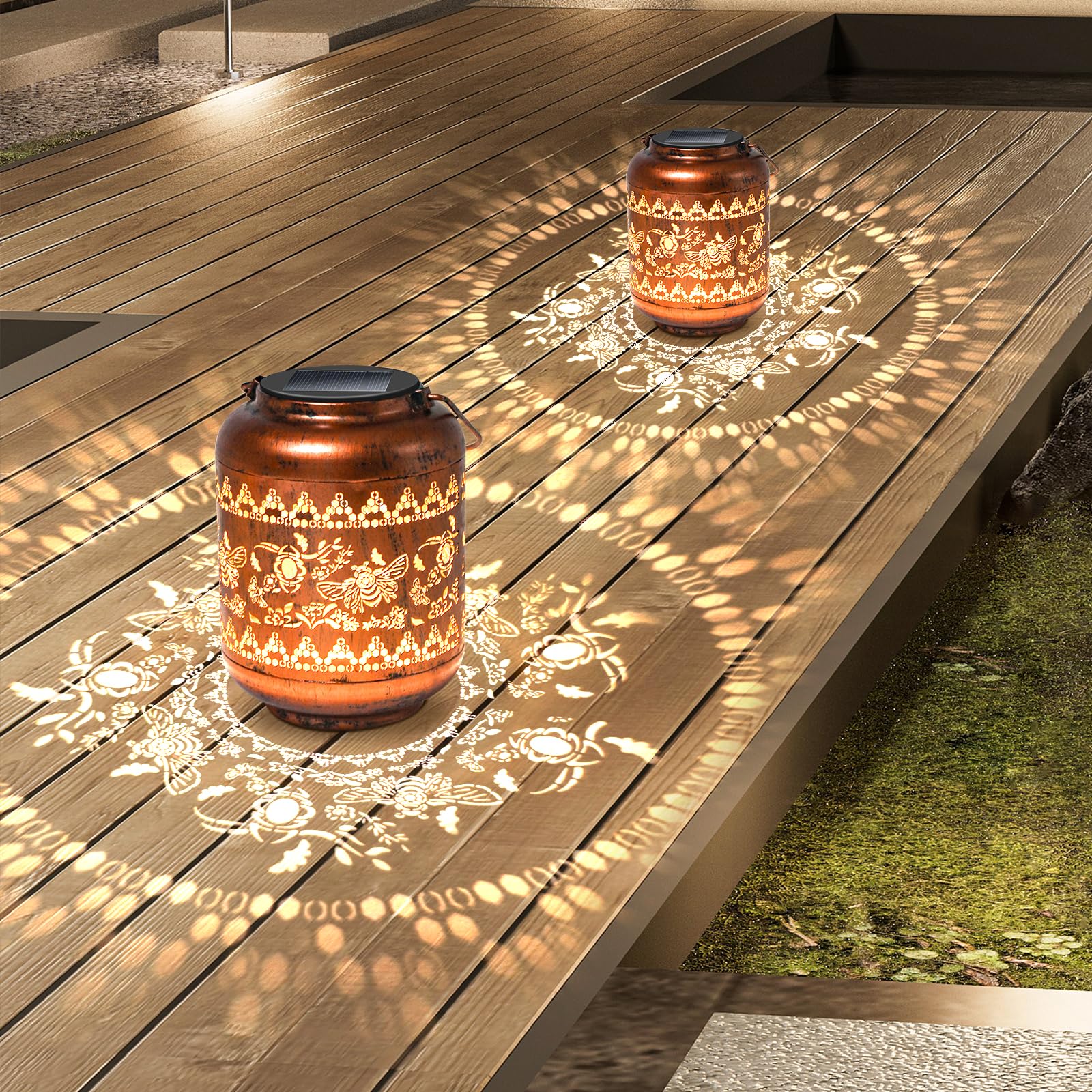 2Pack Bee Solar Lanterns Outdoor Hanging Waterproof Lanterns Garden Decor Christmas Gifts for Women Mom Grandma Metal Solar Ligh