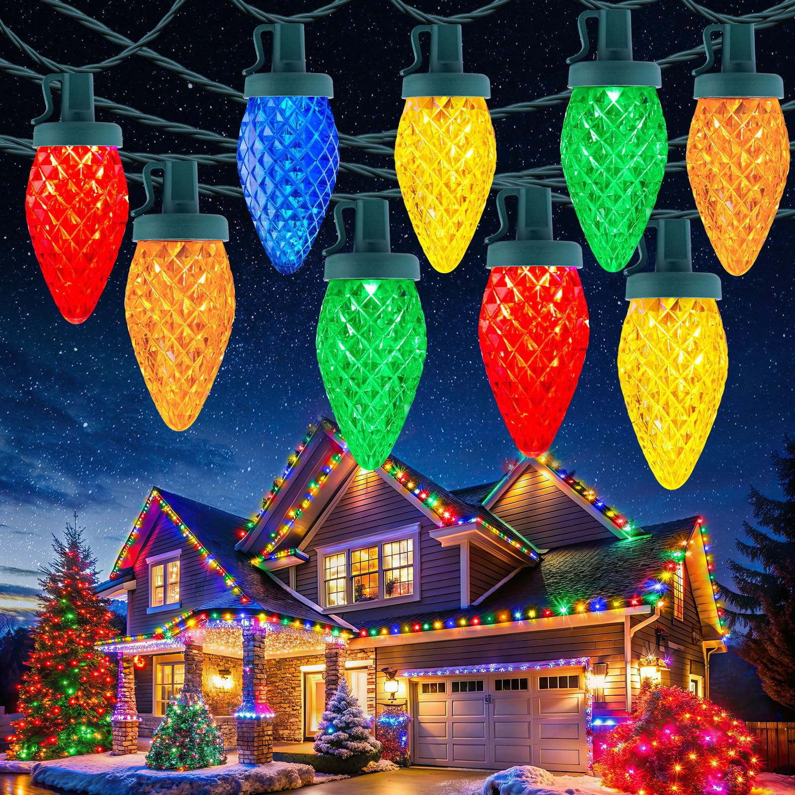 C9 Christmas Lights Outdoor  114 Feet 150 Led C9 String Lights With Timer & 8 Light Modes  Waterproof Commercial Grade Connectable Christmas Tree Lights For Indoor Outside Roofline Patio  Multicolor