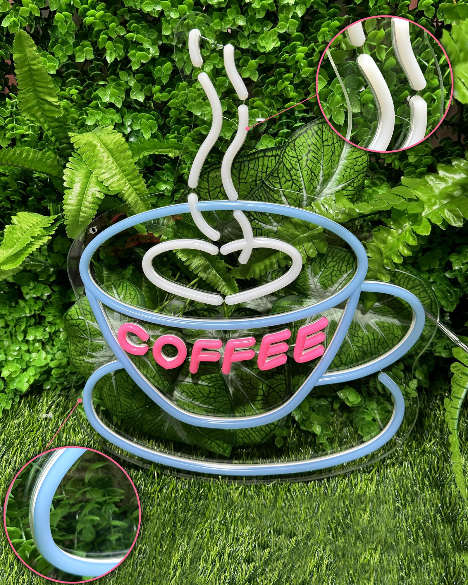 YALLOVE Dimmable Coffee Neon Sign, LED Wall Decor, Cut to Shape 16.5"x13", Ice Blue/Rose/White, Remote Control for Cafe/Restaurant