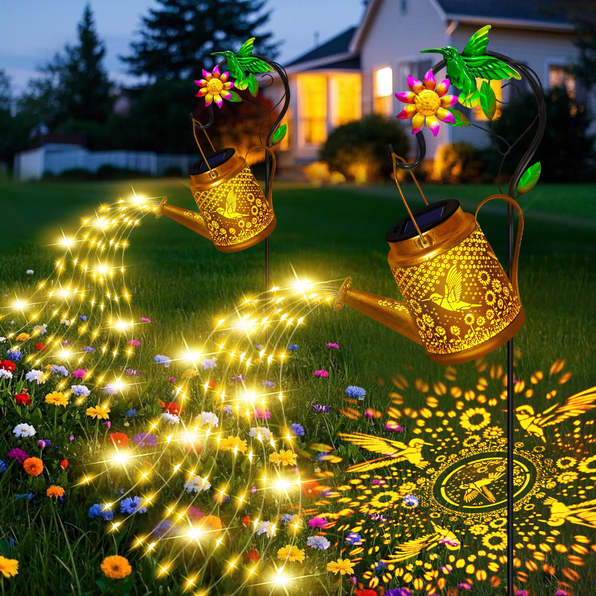Christma Gifts Hummingbird Solar Watering Can Lights, Outdoor Waterproof Garden Lanterns with Shepherd Hook, Solar Garden Decor 