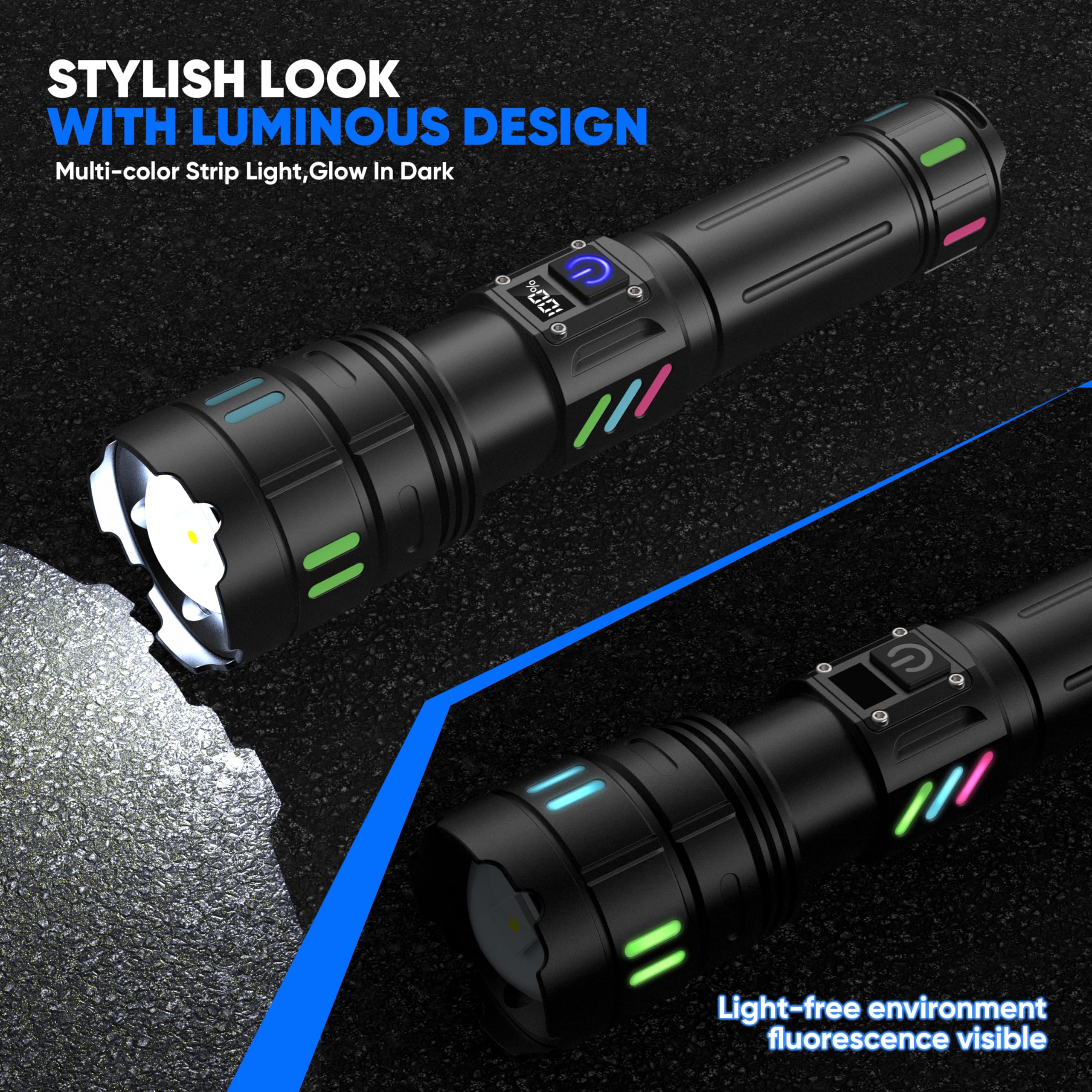 Gosdas Rechargeable LED Flashlight 10000 Lumens, 3 Modes, USB C, 1 Pack, Black, Model GD2505A