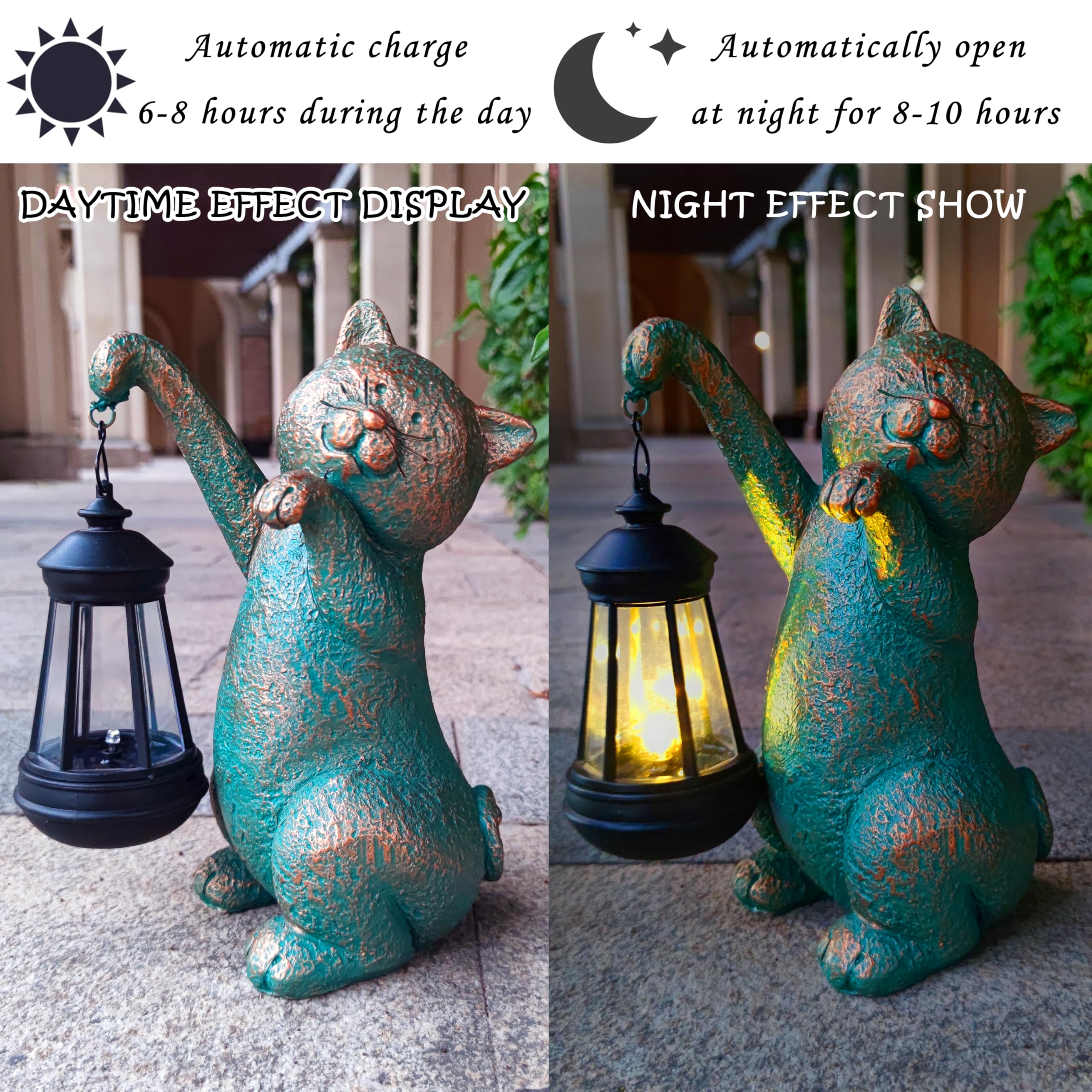 Joybee Garden Statues Cat With Solar Lantern Outdoor Decor-Cat Solar Figurines Lights Decorations For Patio Yard Lawn Ornaments-