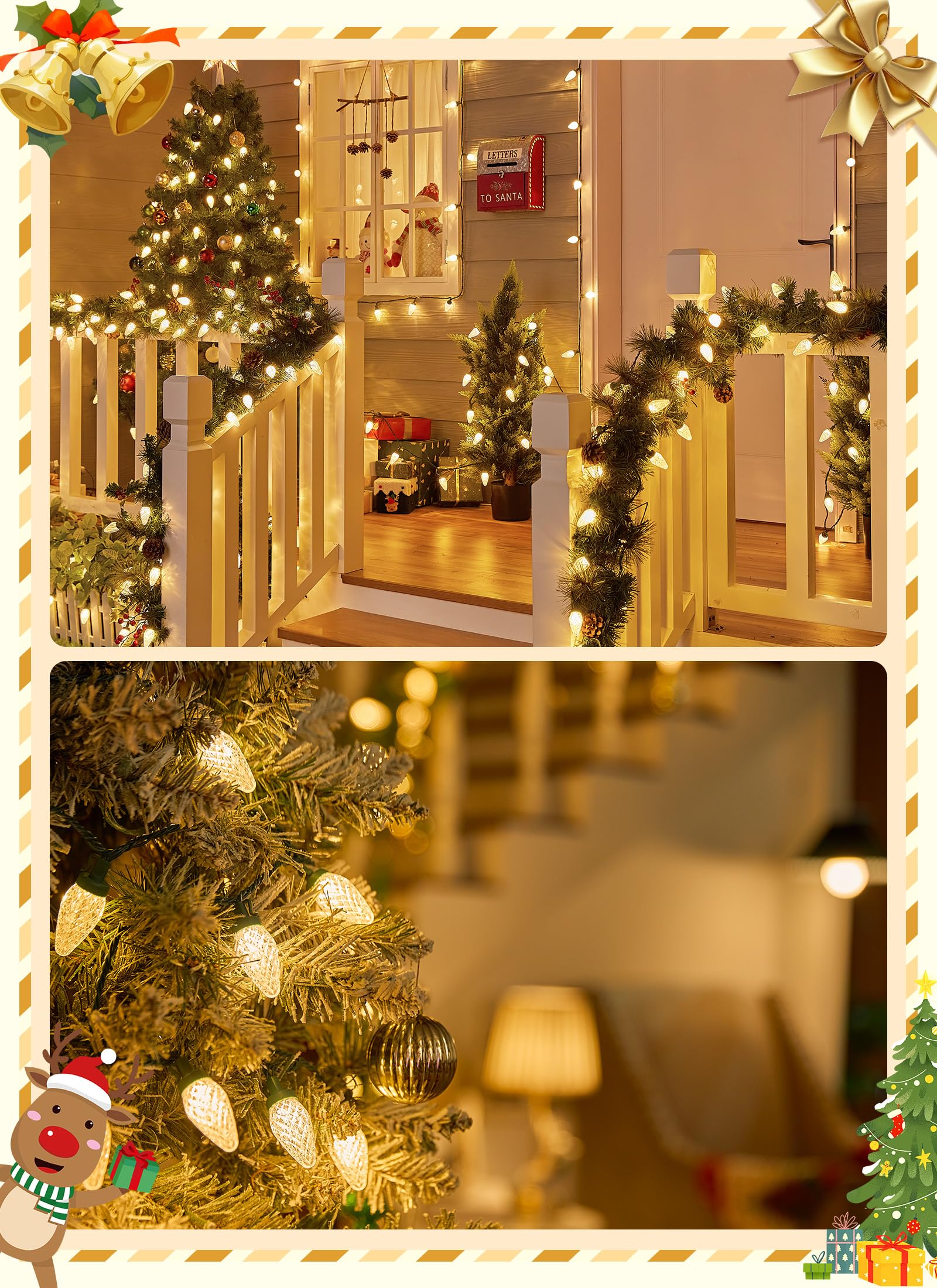 Brightown C9 Christmas Lights - 114FT 150 LED Warm White String Lights, Waterproof, Timer, 8 Modes, Model GY-C9-X-33-3B