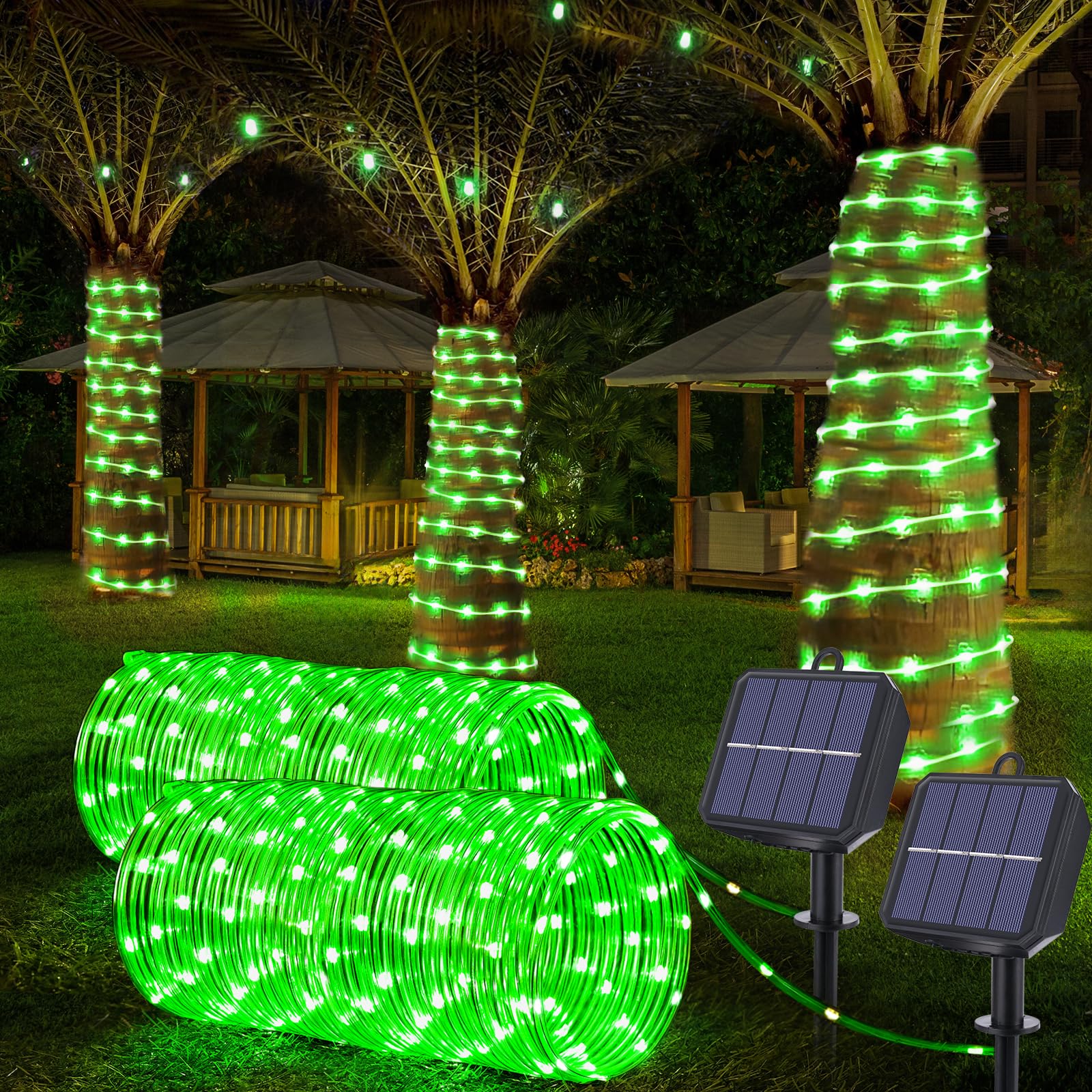 Jnaurb Solar Rope Lights, 132ft, 400 LED, Waterproof, 8 Modes, Green, Flexible Tube Light for Outdoor Garden Decor