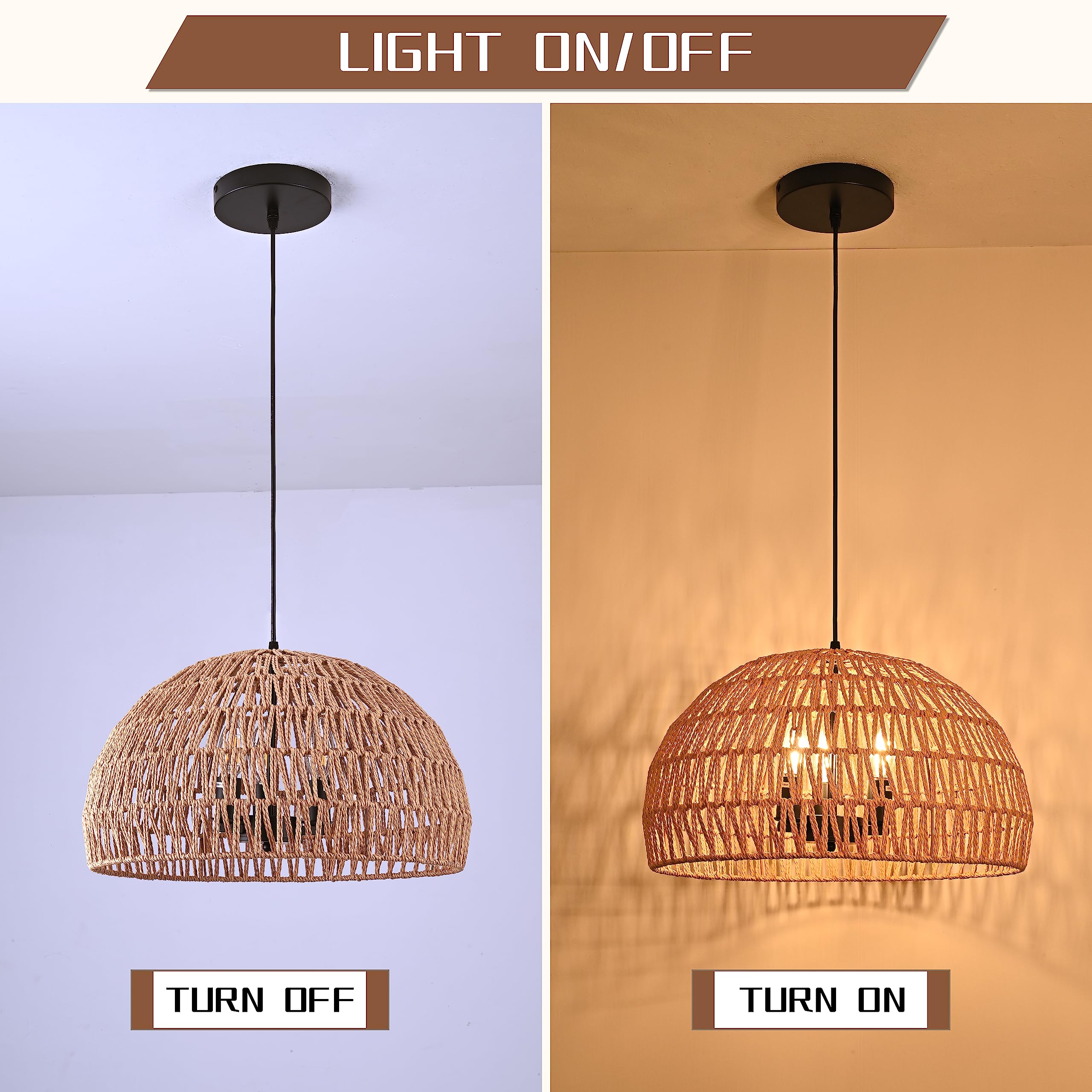 Ayshwilldec 17.6&quot; Hemp Rope Woven Pendant Light - 3-Light Boho Rattan Chandelier For Dining Room