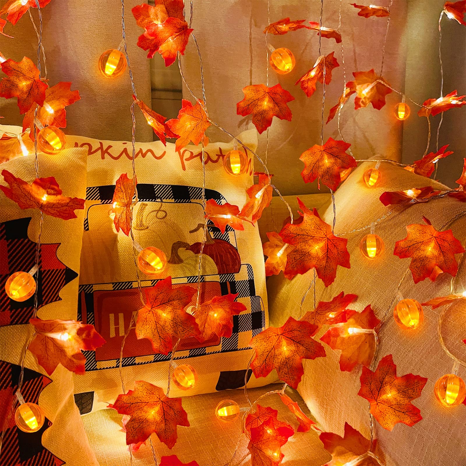 3 Pack Thanksgiving Decorations Fall Garland With Pumpkin Lights & Enlarged Maple Fall String Lights Pumpkin Decor, 30Ft 60Led Waterproof Battery Operated Fall Decorations For Home Indoor Outdoor