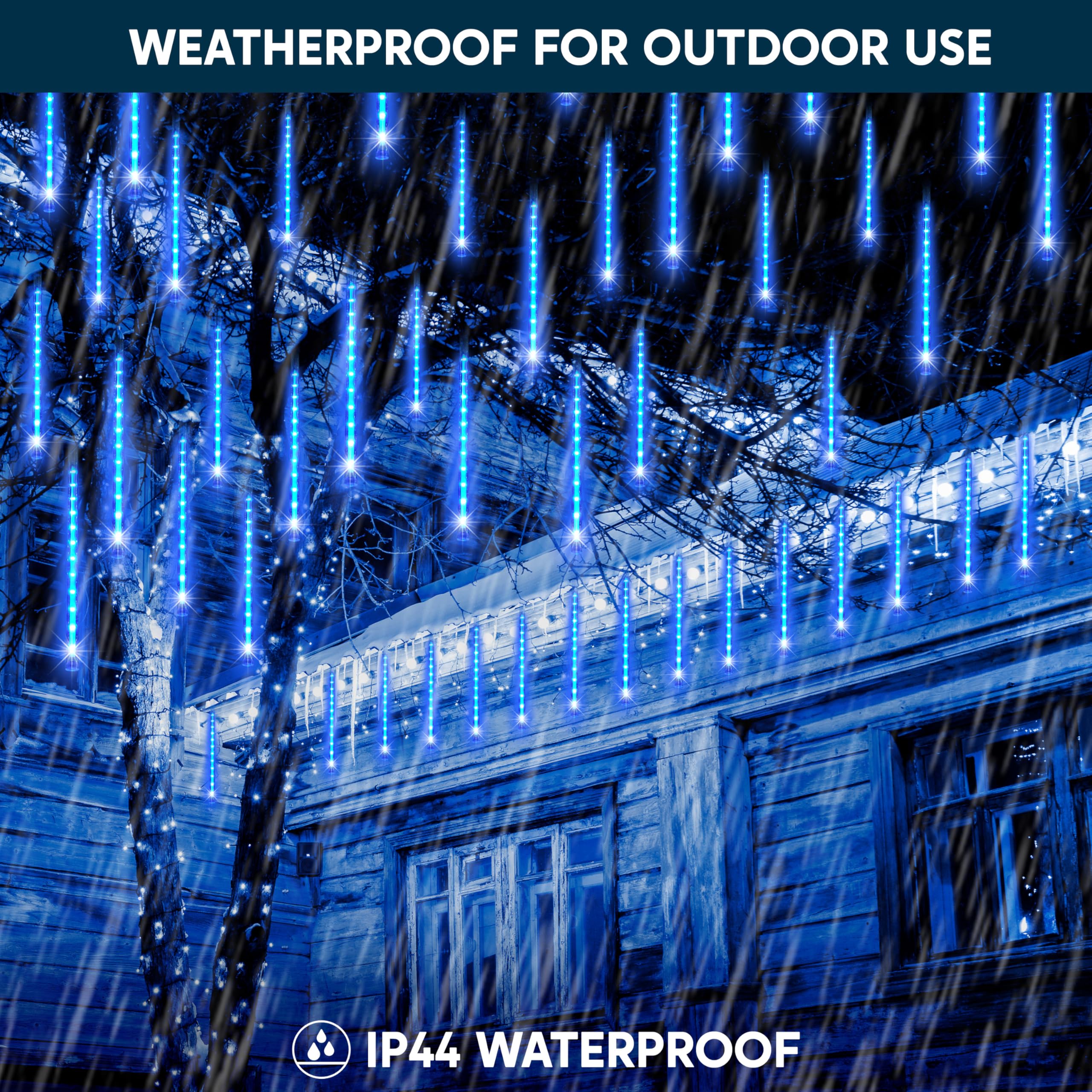 JOYIN Christmas Lights Outdoor, 8 Tubes Meteor Shower Lights, 192 LEDs, Blue, Model GP-SW070DC0857-IP44(US)A