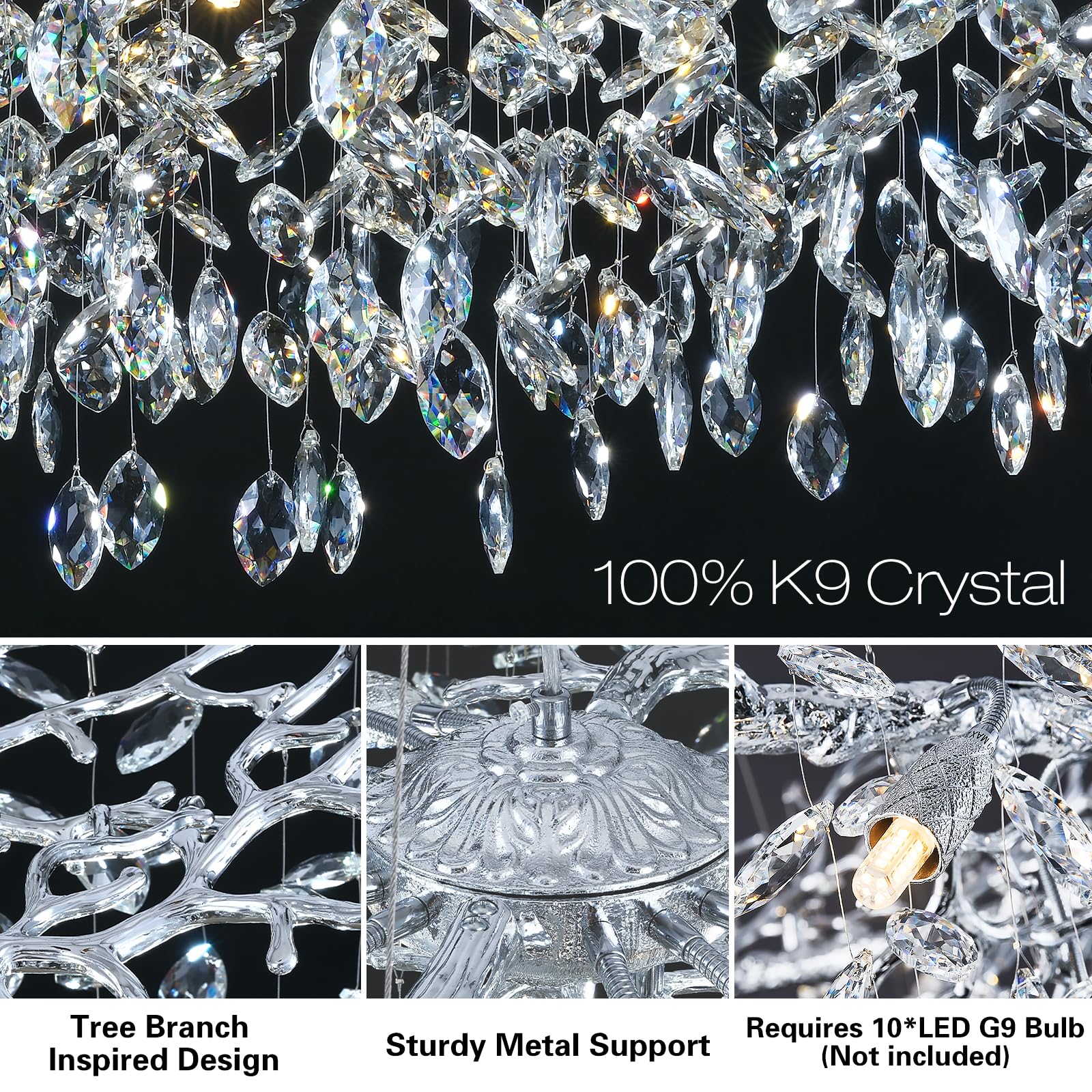 kvtinmty Modern Round Crystal Chandelier 30" Silver Tree Branches for Dining Room, Living Room, Foyer, Kitchen Island