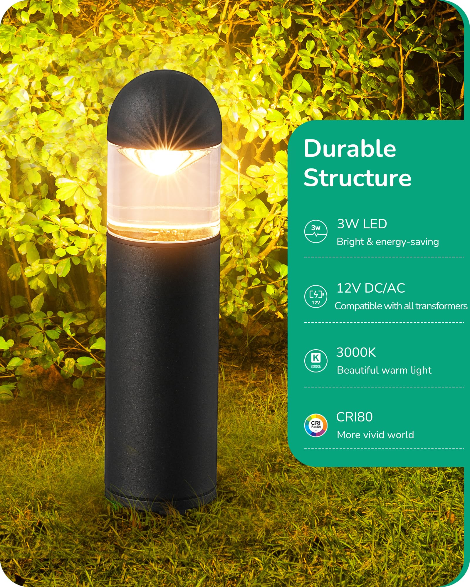 EDISHINE Low Voltage Landscape Lighting, 12V 3W, 3000K Warm White, Black Electric Bollard Lights for Yard Garden