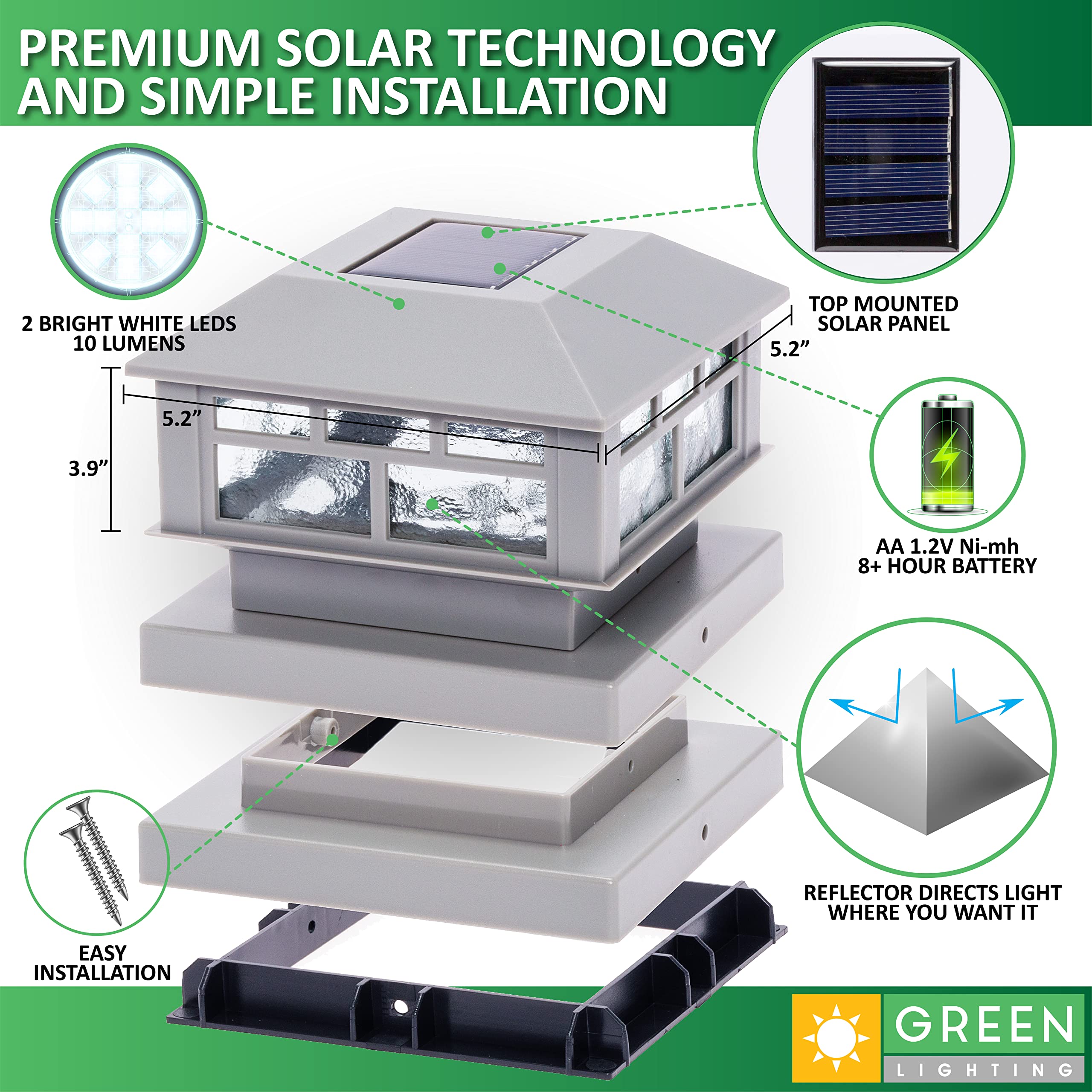 GreenLighting Solar Post Cap Lights, Waterproof Gray, 4x4 & 5x5 PVC/Vinyl, Bright LED, 12 Pack, Model TN-1222093