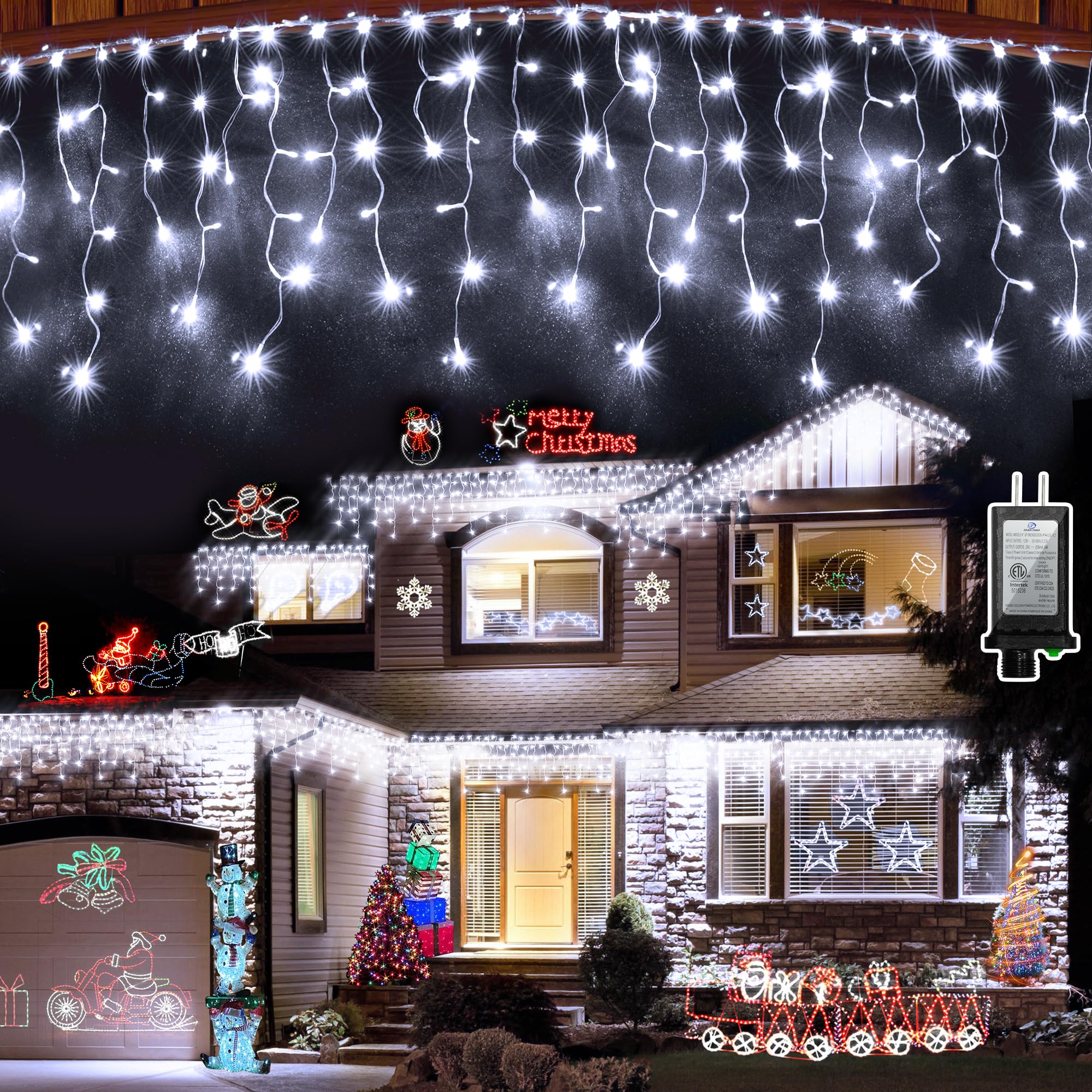 XIKENGSHQ 648 LED Outdoor Christmas Lights, 66ft Cool White, 144 Drops, 8 Modes Timer, Waterproof Holiday Decor