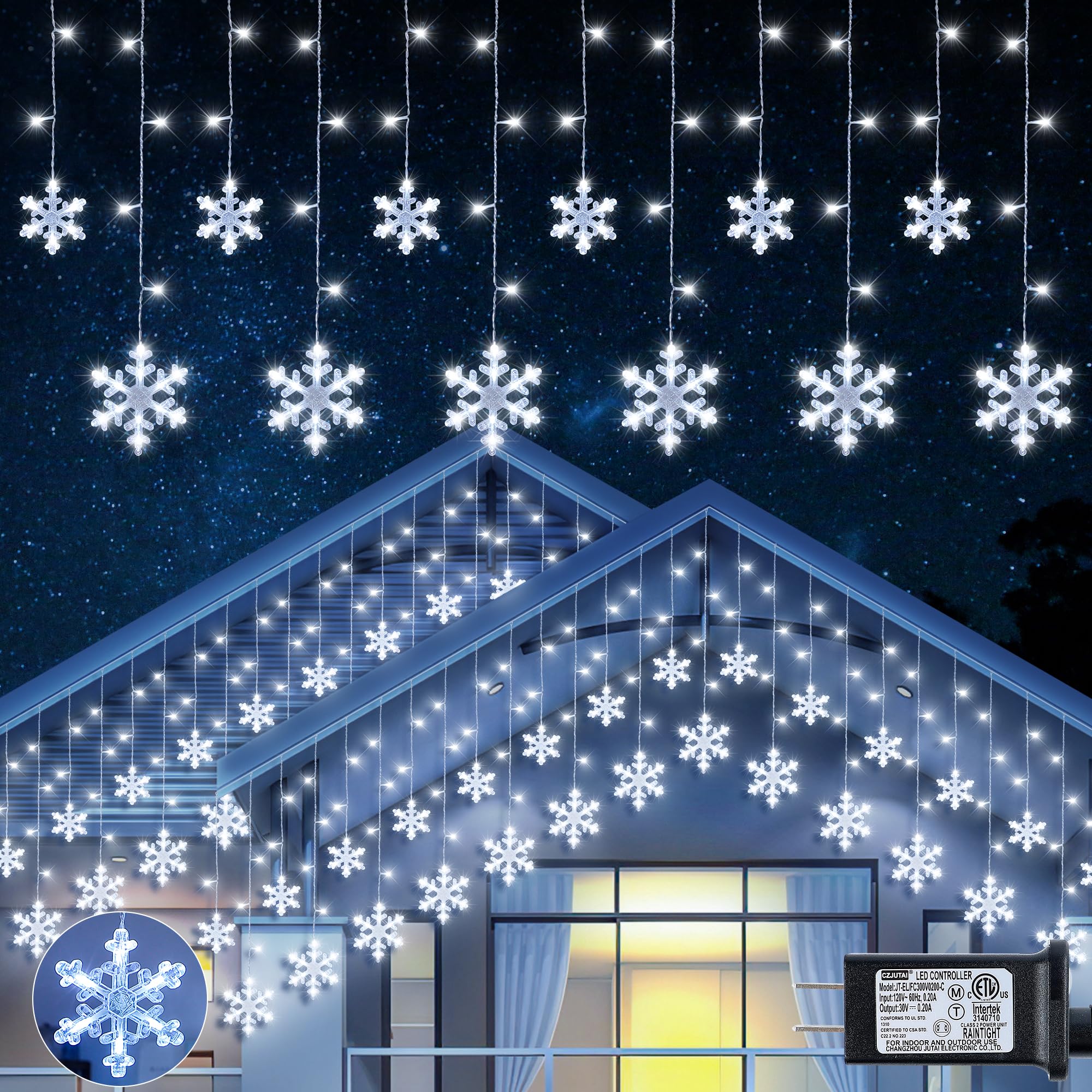 Qunlight Christmas Snowflake Icicle Lights,6.5ft 144LED Curtain Lights Outdoor with 12 Drops, 8 Modes Waterproof Connectable Fai