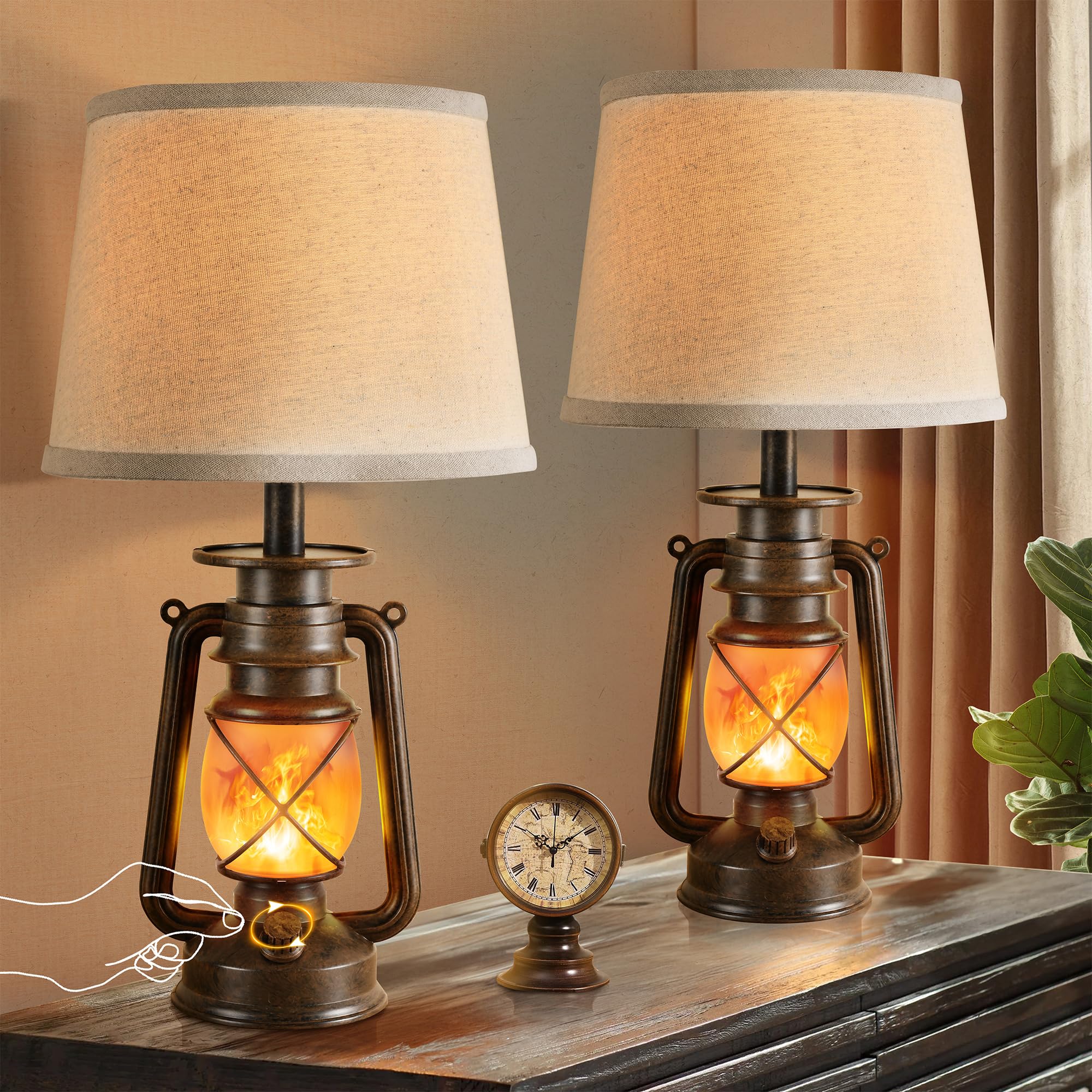 LEDIARY 18.72&quot; LED Vintage Lantern Flickering Flame Table Lamps for Bedrooms Set of 2, Small Farmhouse Rustic Vintage End Table Lamps, Halloween Decorative Lantern Bedside Lamps for Living Room