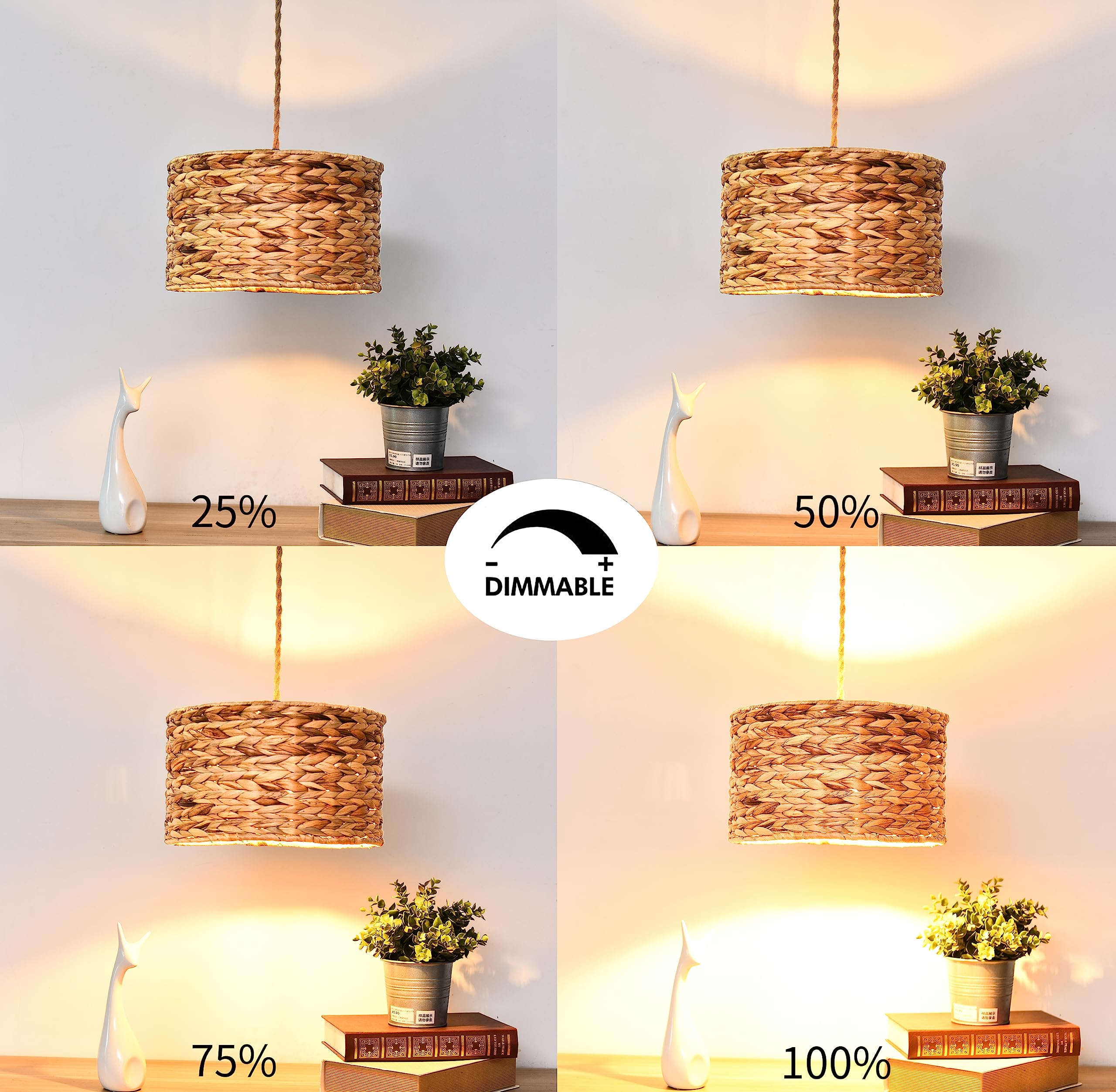ZECOXOL Rattan Pendant Light - Boho Wicker Hanging Lamp with Dimmable Switch, 11.8" Metal, Straight Tube for Living Room & Bedroom