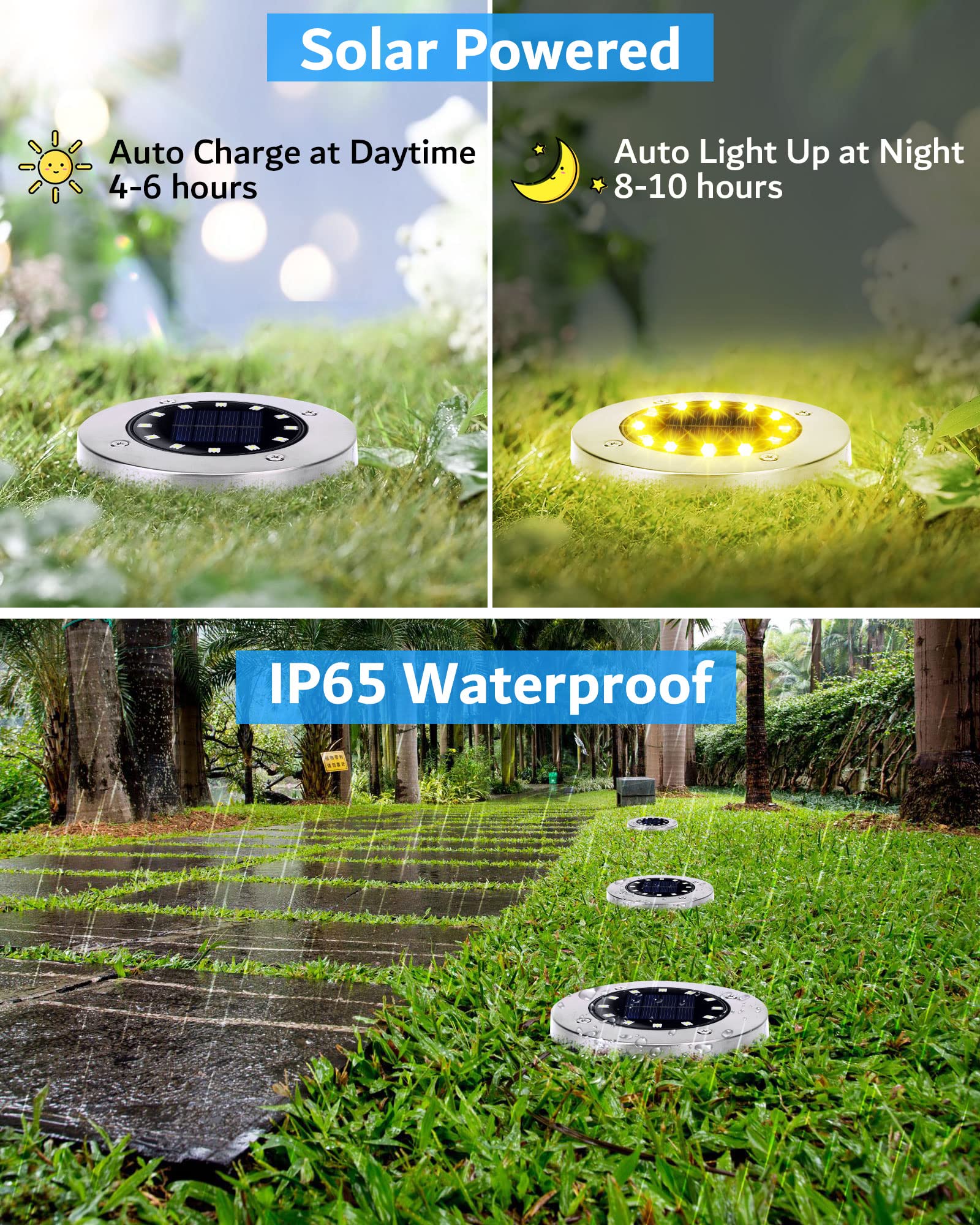 Biling Solar Ground Lights Outdoor, 8 Pack Waterproof Flat Landscape Lights, 12 LEDs Warm White for Garden Walkway Driveway