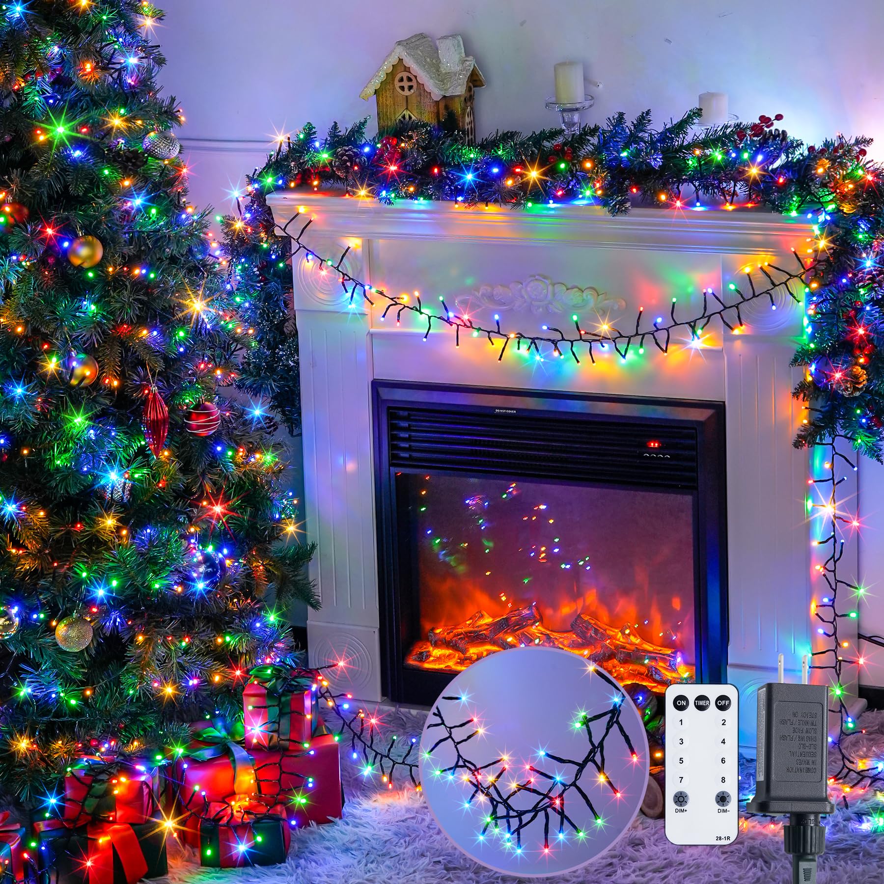 JMEXSUSS 400 LED Cluster Lights, 22ft Twinkle Lights, Multicolor, Remote, 8 Modes, Green Wire, Model EXS-S-0400-R