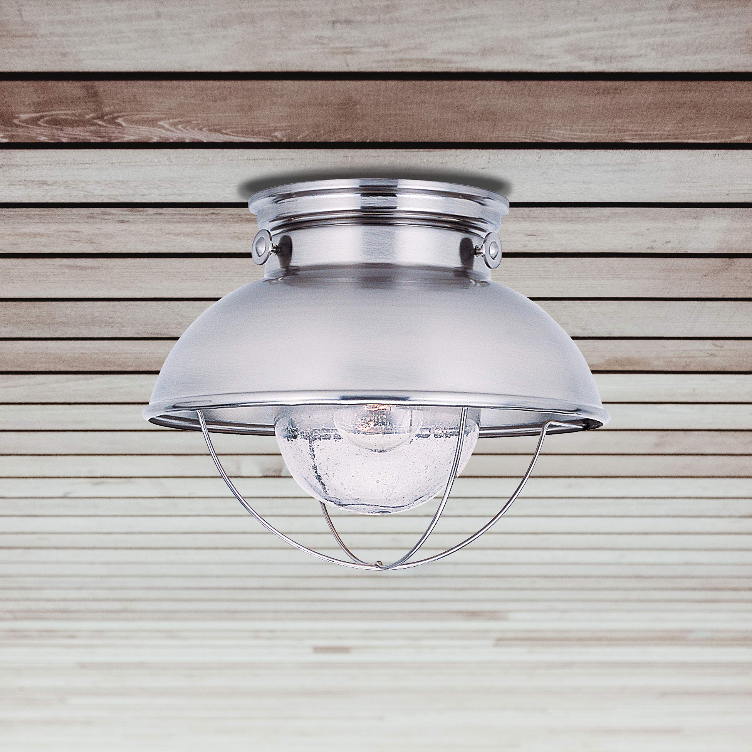 Sea Gull Lighting 8869-98 Sebring Transitional One-Light Outdoor Ceiling Flush Mount Outside Fixture, Brushed Stainless Finish