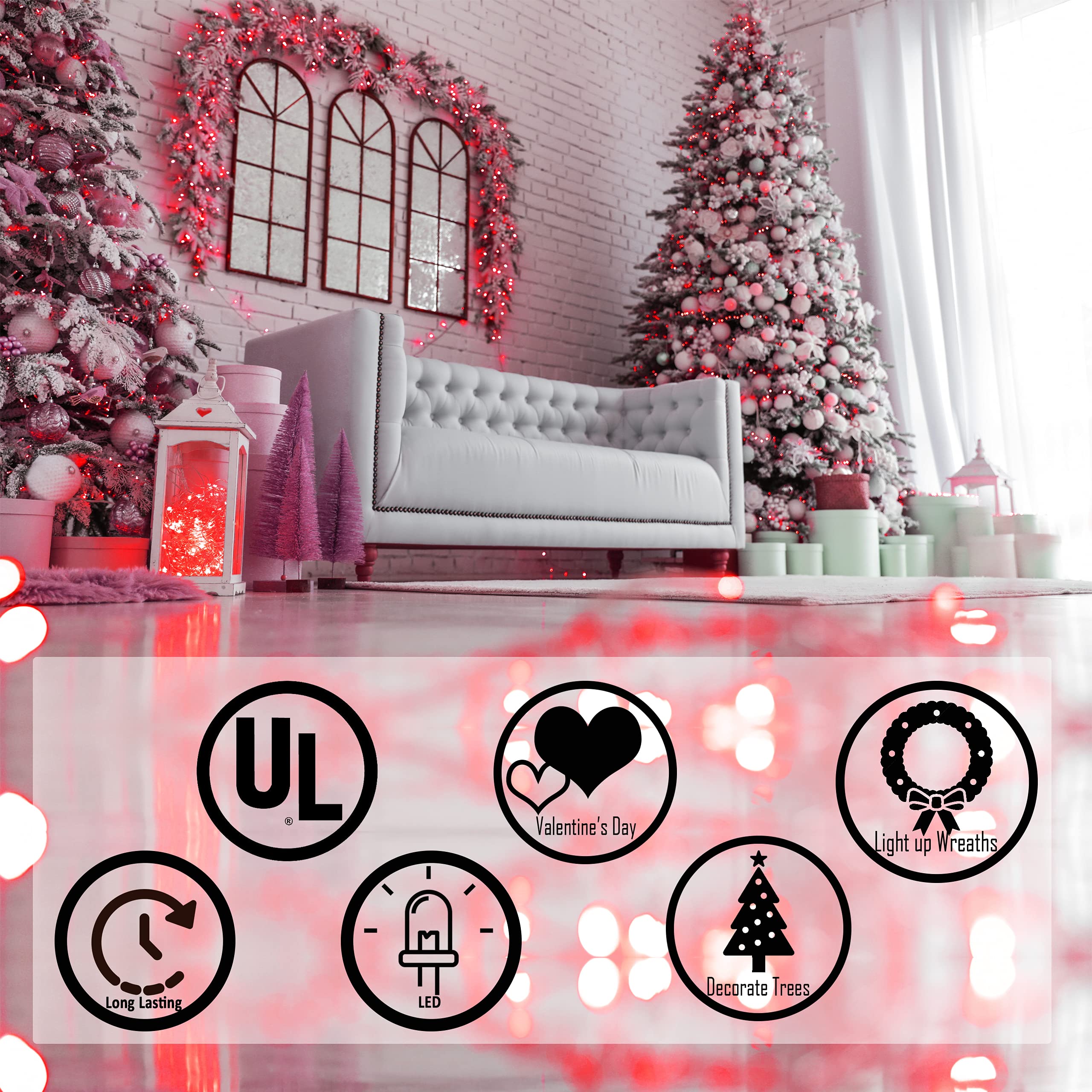 Holiday Essence - Led Red Christmas Lights Green Wire 26.9 Feet Long String Lights Set For Outdoor & Indoor D?Or, Valentines Day