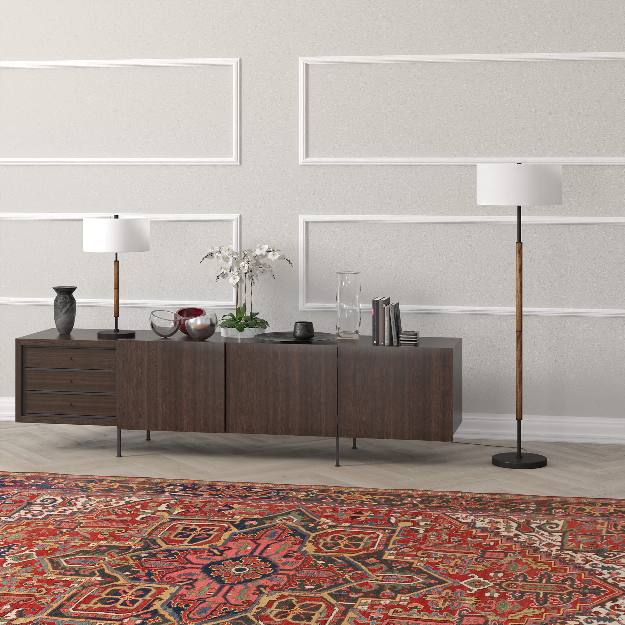 Henn&Hart 2-Light Floor Lamp, Fabric Shade, Blackened Bronze/Rustic Oak, 61&quot; Tall, Home Office