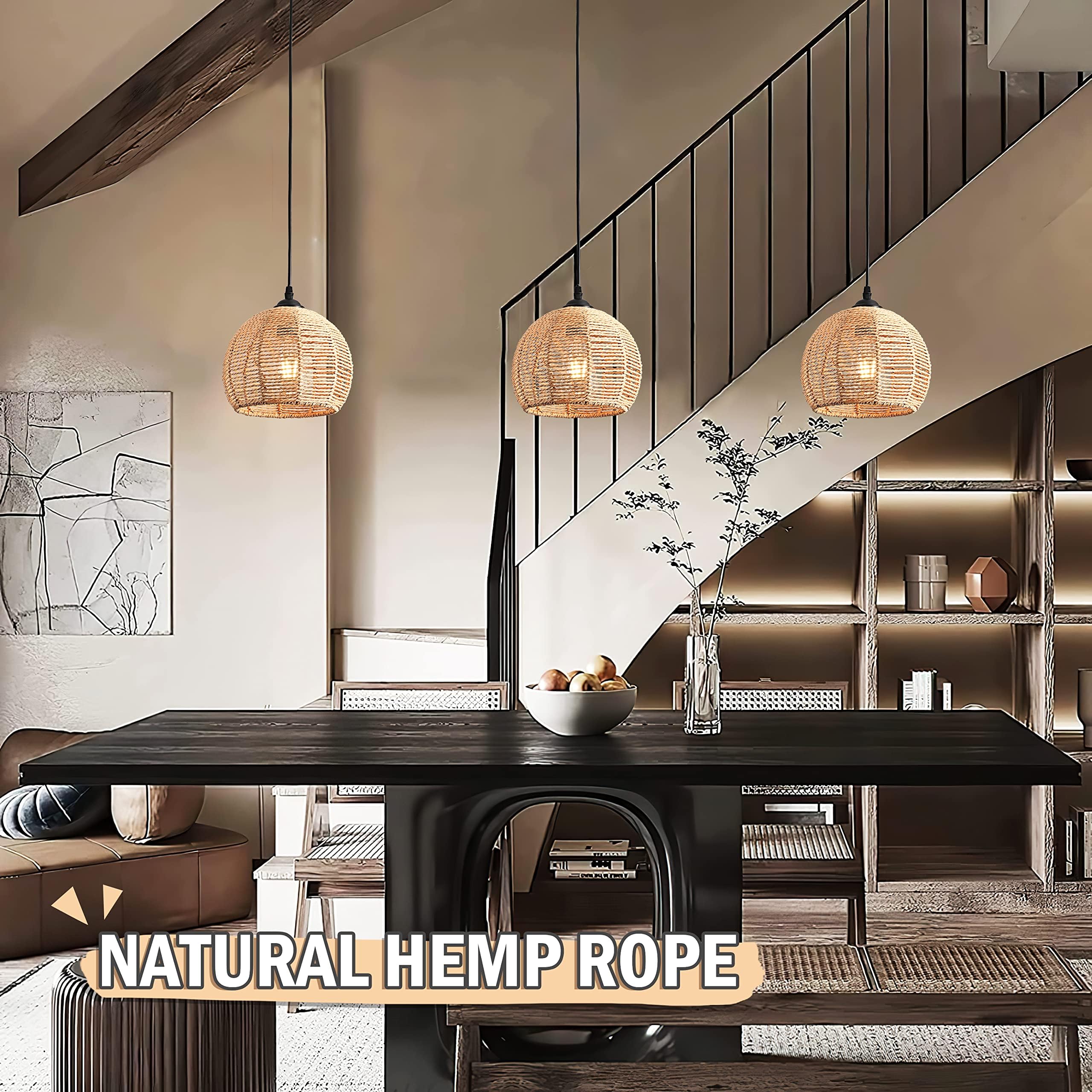 Ayshwilldec Mini Hemp Rope Woven Pendant Light Fixture - Boho Chandelier For Bedroom & Kitchen