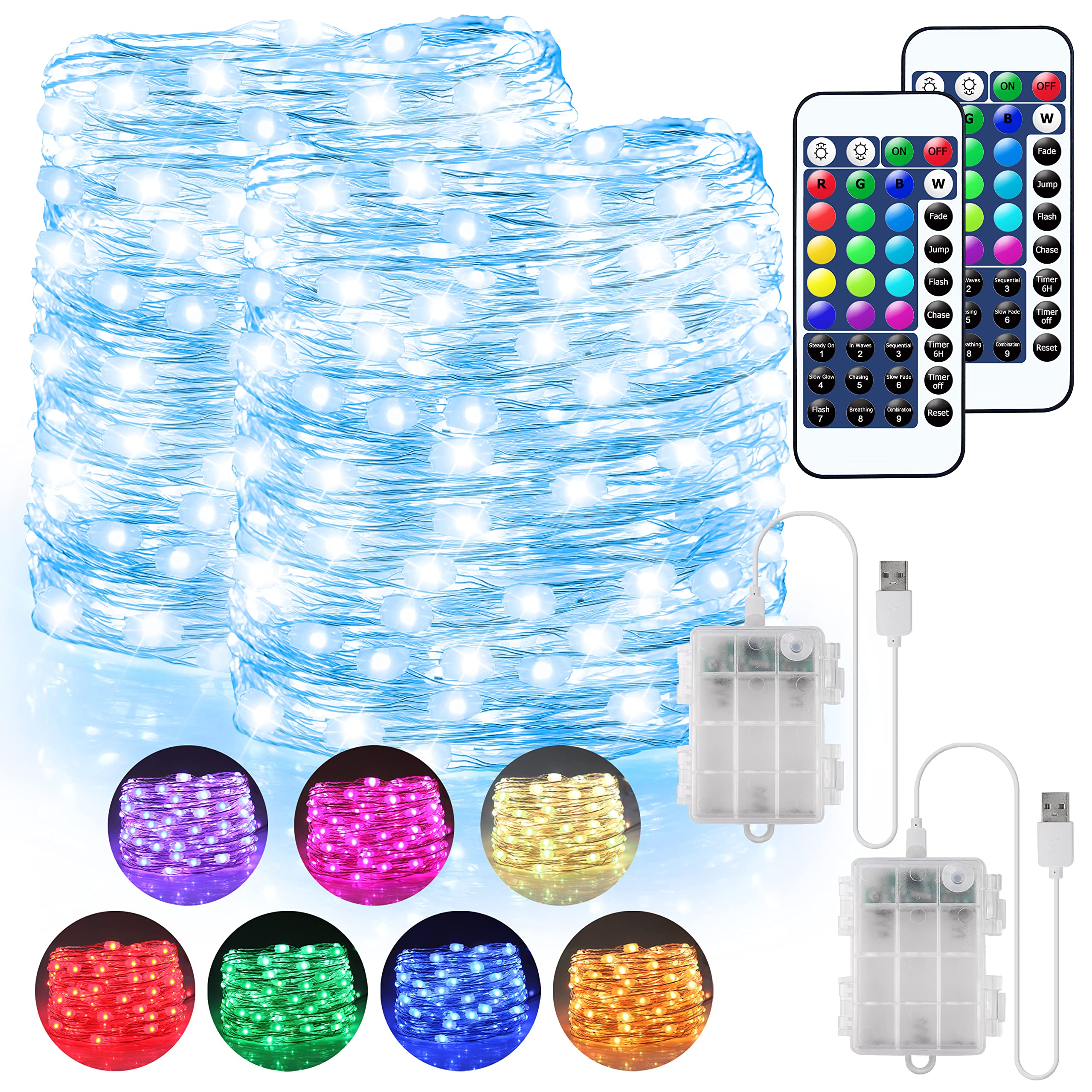 OMIKA 16 Color LED Fairy Lights - 2 Pack 16.4ft Battery & USB Powered, Waterproof String Lights for Indoor Outdoor Decor