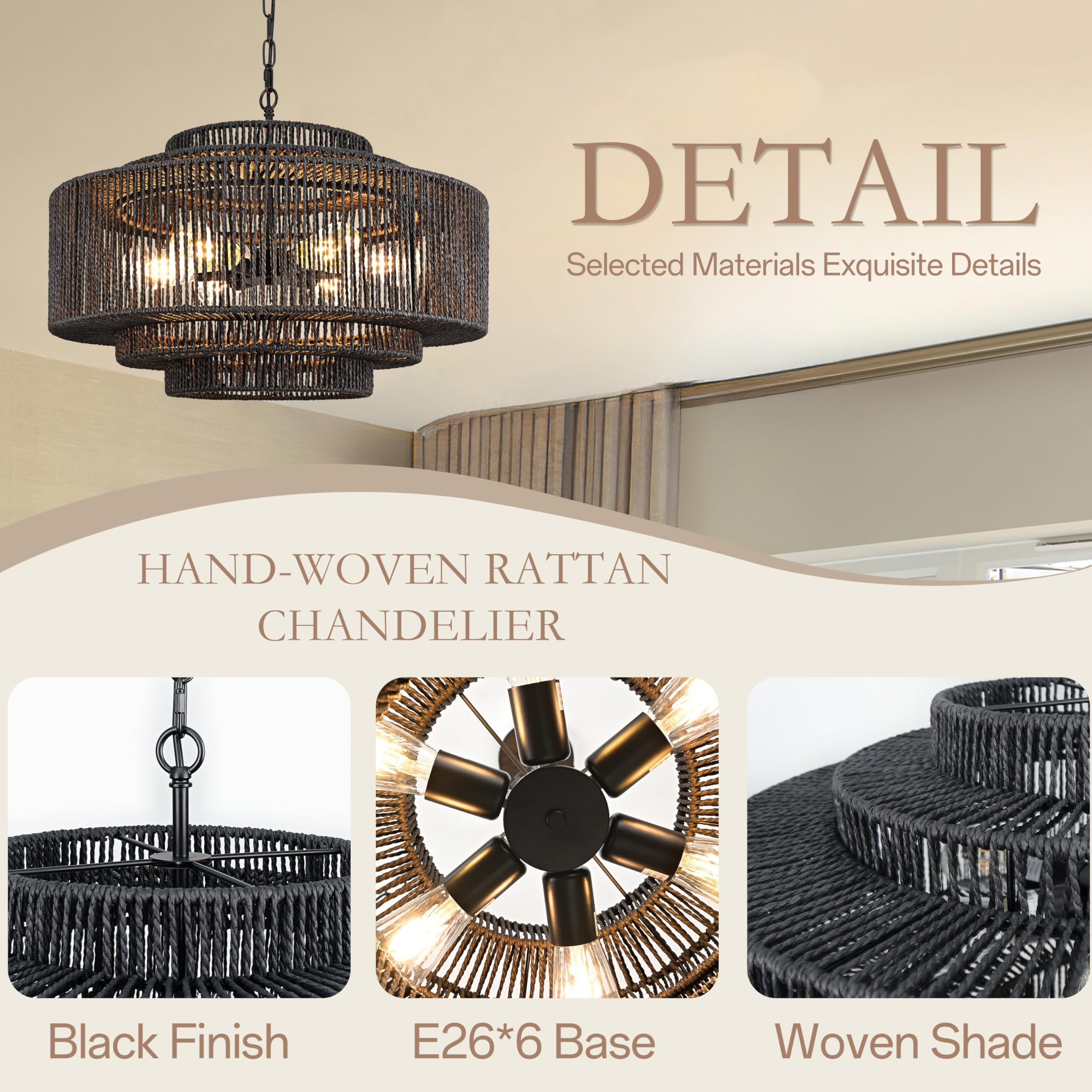 Bagood 24'' Rattan Pendant Light Black Rattan Chandelier Light Fixture 3-Tier Hand-Woven Rattan Chandelier Wicker Pendant Light